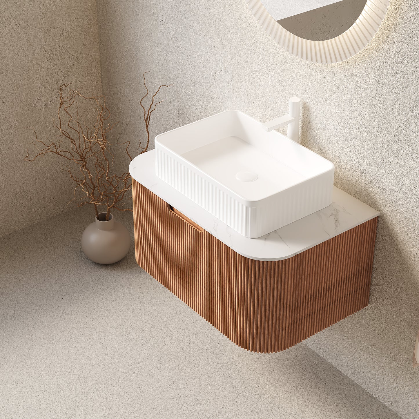 DINA Bathroom Vanity&Sinks, Floating Curved Edges Striped Storage Cabinet, Natural Woodgrain