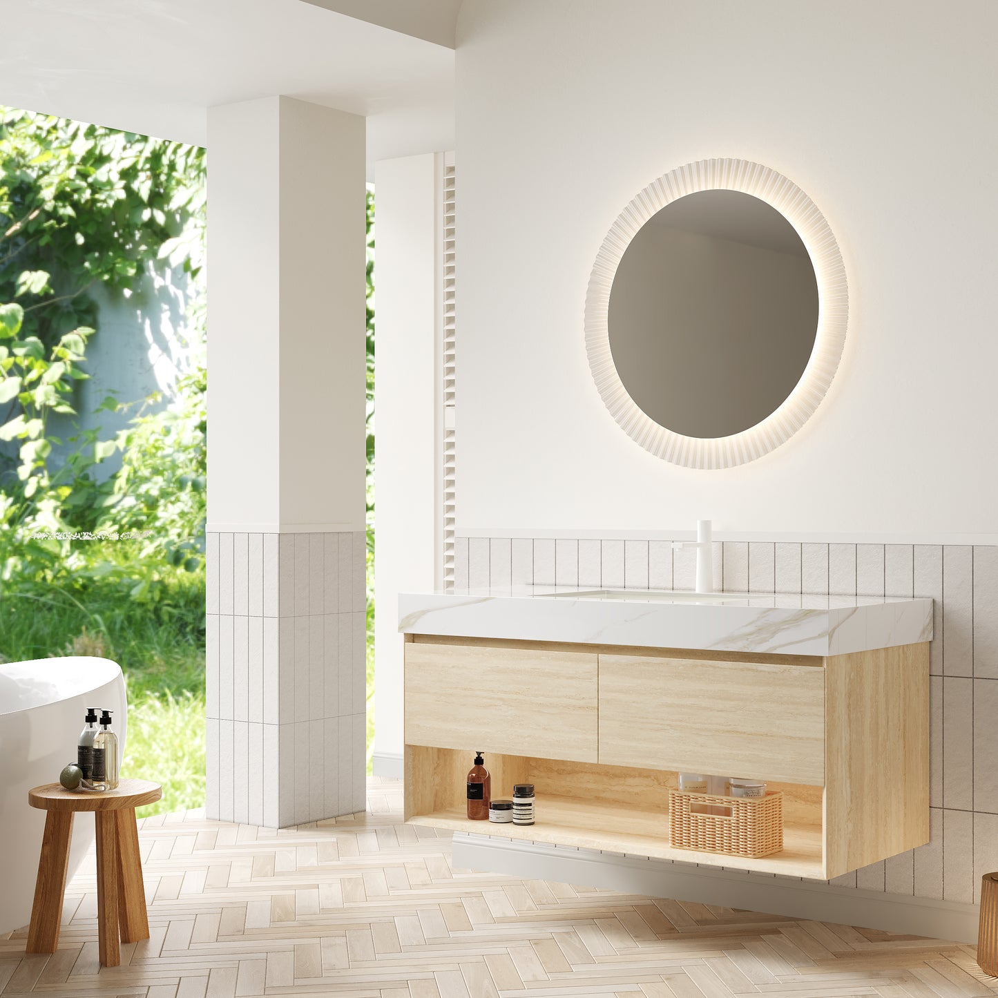 FRIGGA 30" Badezimmer-Waschtisch und Waschbecken, schwebender Sperrholz-Aufbewahrungsschrank, Schublade und Regal mit Sensorlicht