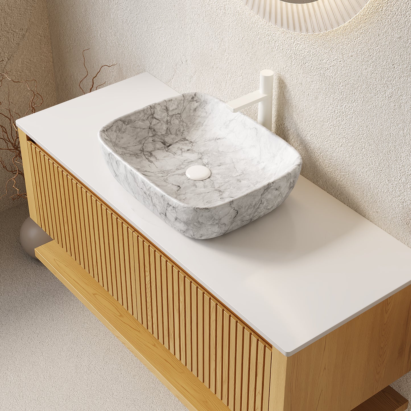HIZON 48" Bathroom Vanity&Sink, Floating Plywood Bathroom Storage Cabinet with Drawers&Open Shelf