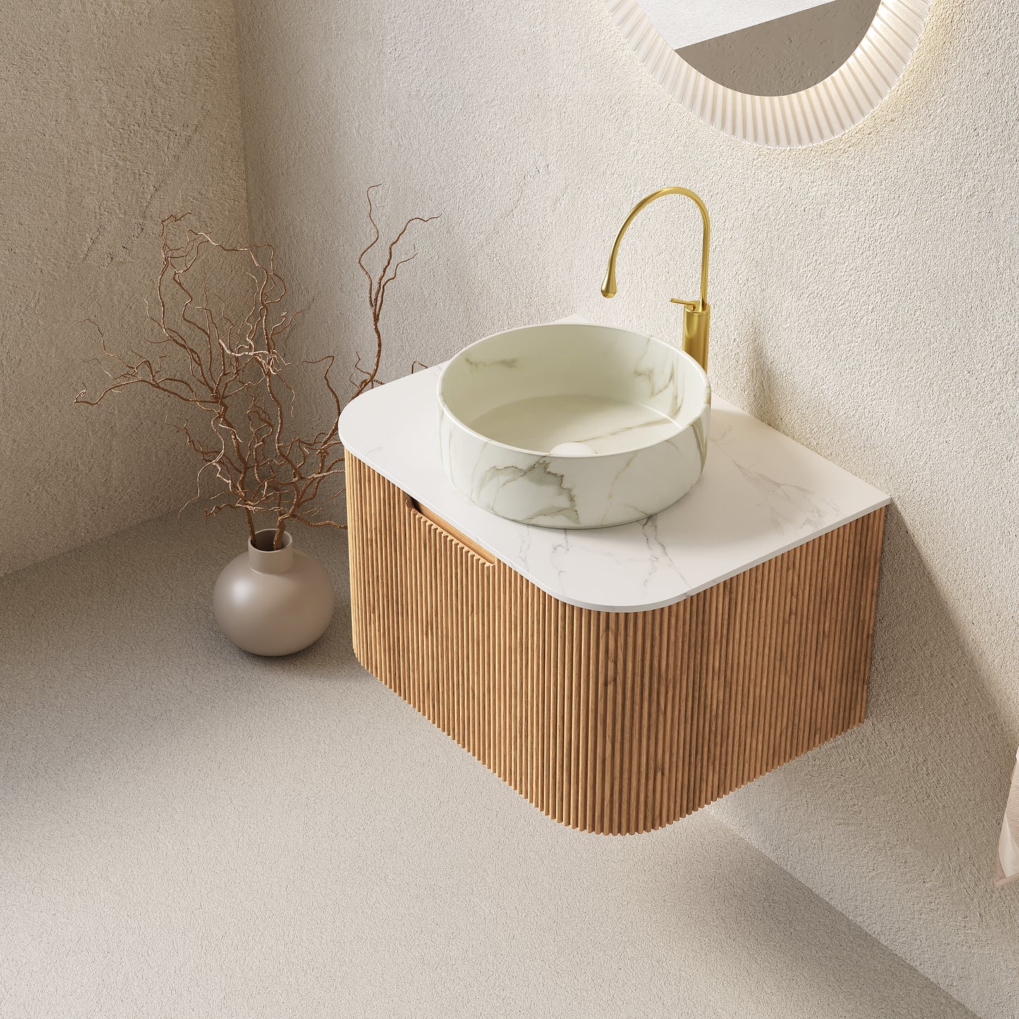 DINA Bathroom Vanity&Sinks, Floating Curved Edges Striped Storage Cabinet, Natural Woodgrain