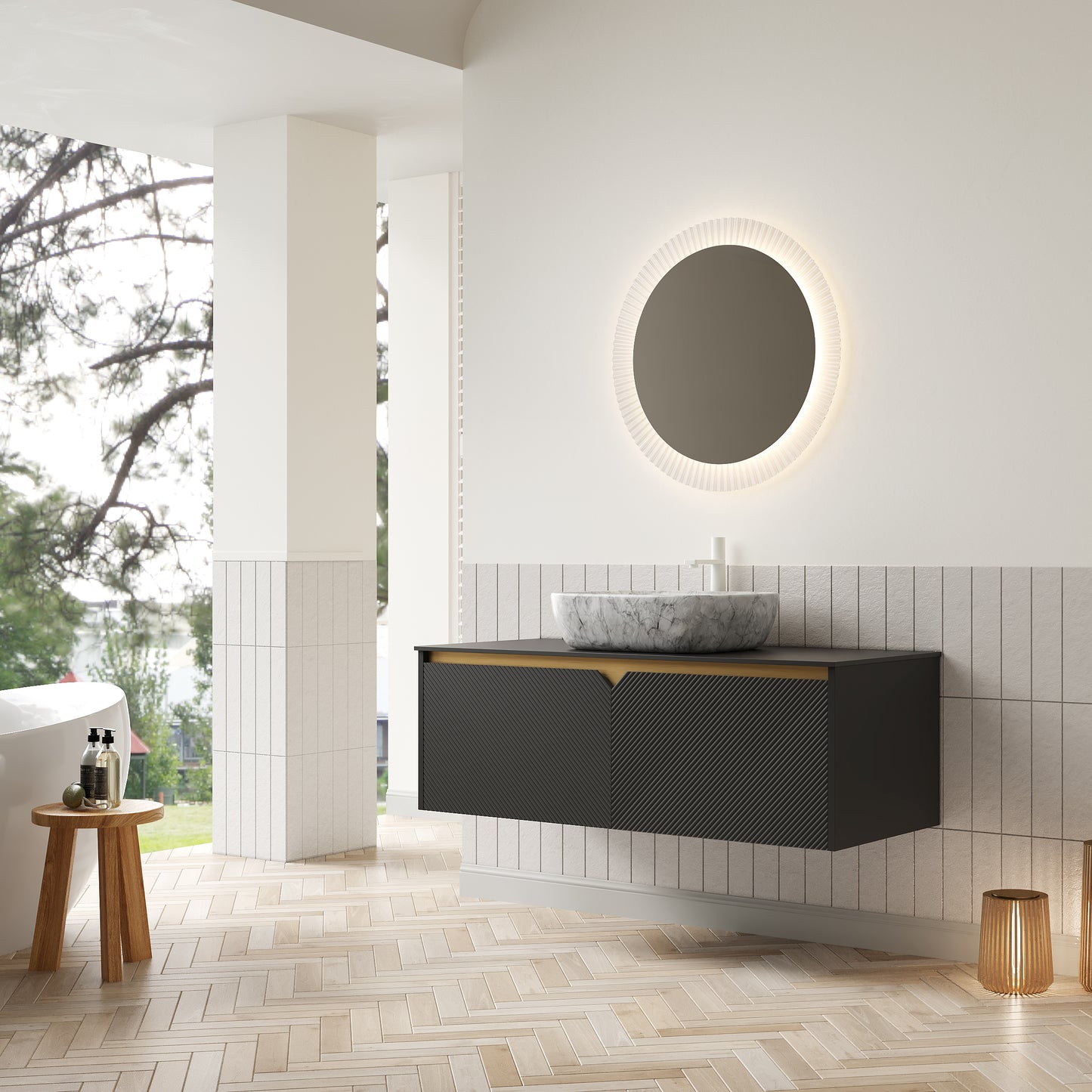 RUBEN 48" Bathroom Vanity&Sink, Wall-Mounted Floating Plywood Storage Cabinet,Black,Marble Pattern Rectangle Ceramic Vessel Basin