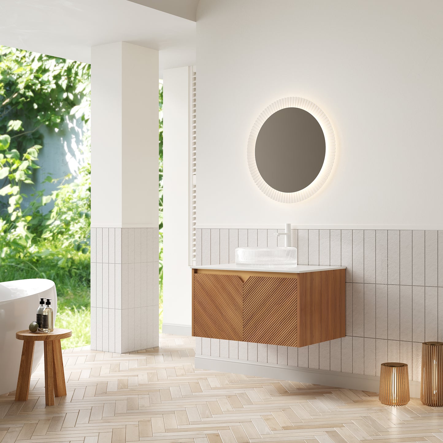 RUBEN 48" Badezimmer-Waschtisch und Waschbecken, schwebender Sperrholz-Aufbewahrungsschrank, rundes weißes Keramik-Waschbecken mit Steinmuster