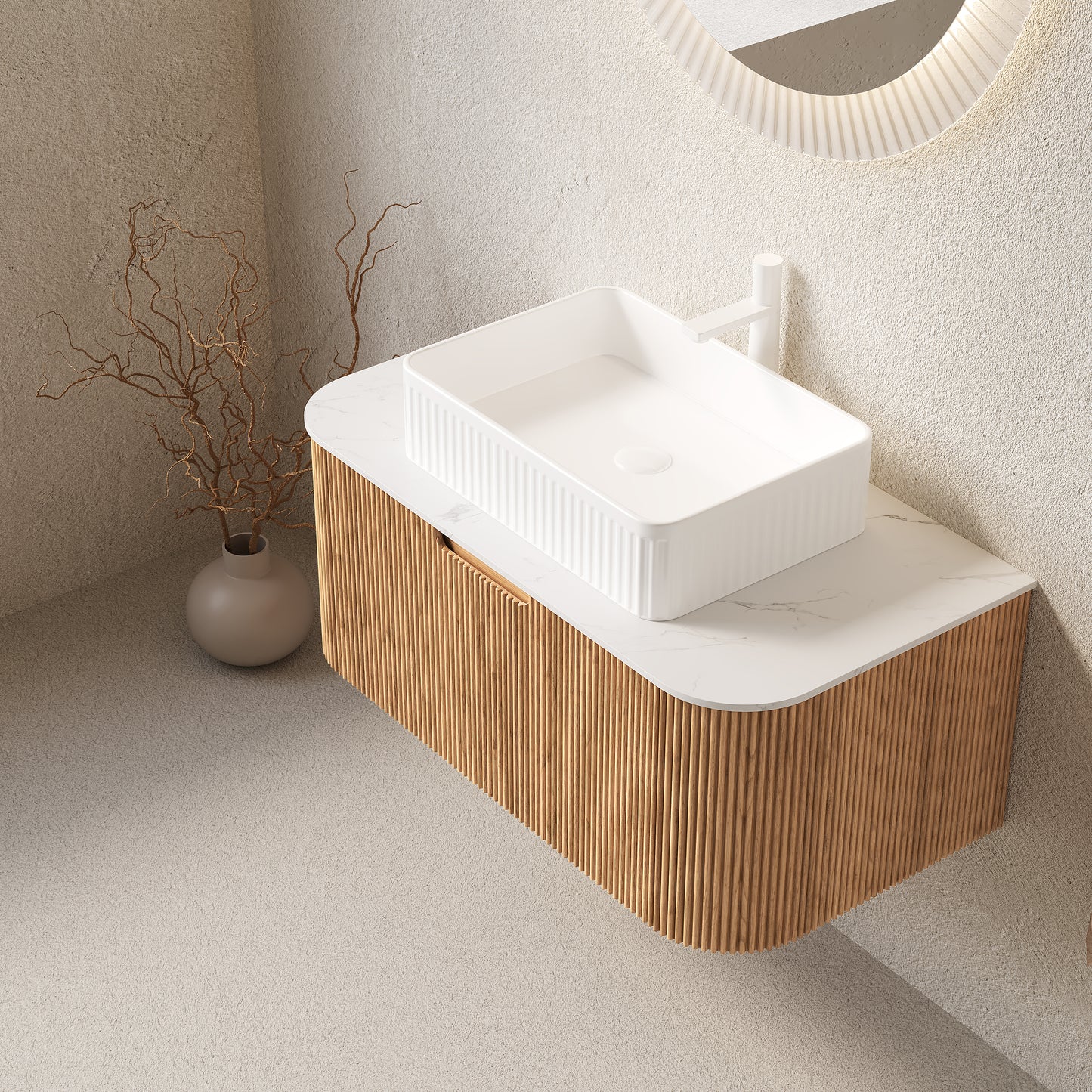 DINA Bathroom Vanity&Sinks, Floating Curved Edges Striped Storage Cabinet, Natural Woodgrain