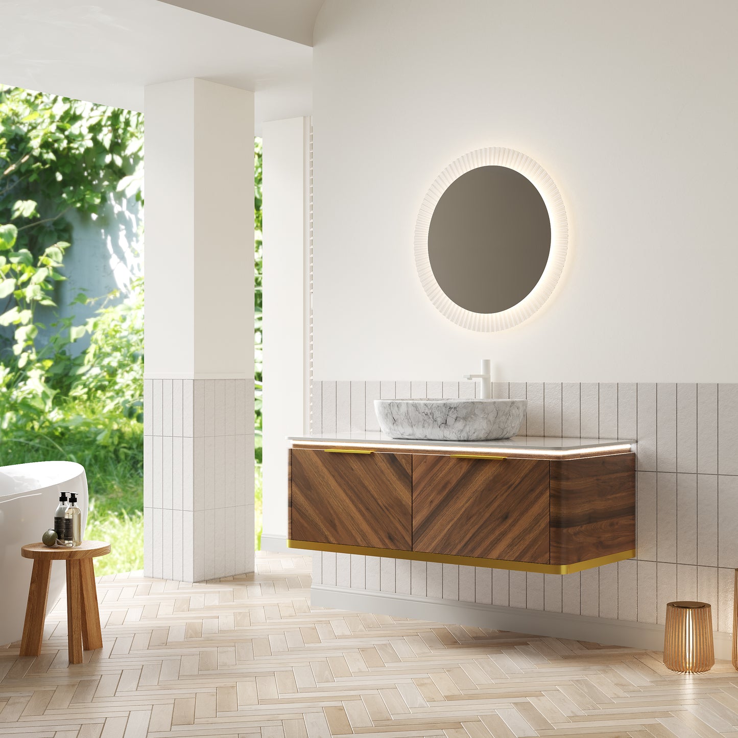 DIPA 60" Badezimmer-Waschtisch und Waschbecken, schwebender Sperrholz-Aufbewahrungsschrank, dunkle Walnussholzmaserung, gesinterte Steinplatte