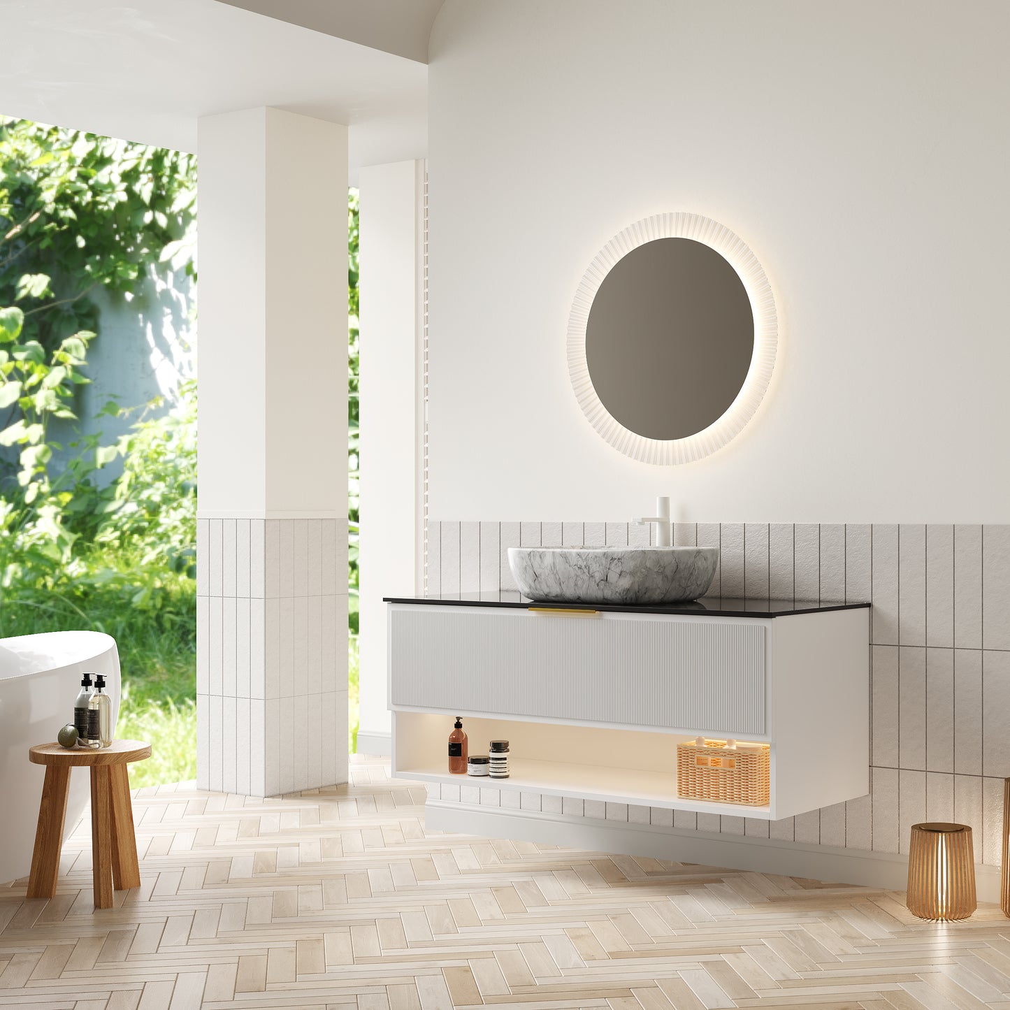 MALONE 48" Badezimmer-Waschtisch mit Waschbecken, schwebender Sperrholz-Aufbewahrungsschrank