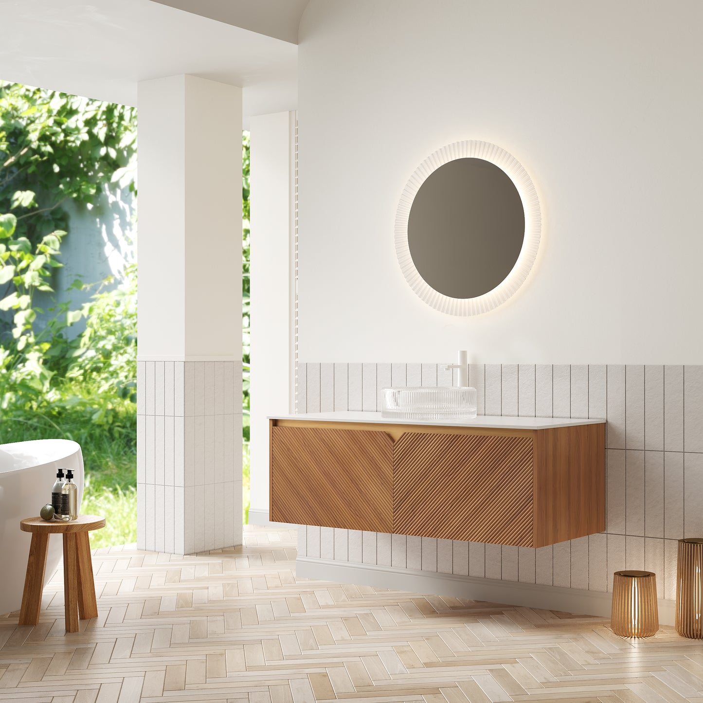 RUBEN 48" Bathroom Vanity&Sink, Floating Plywood Storage Cabinet,transparent Round Glass