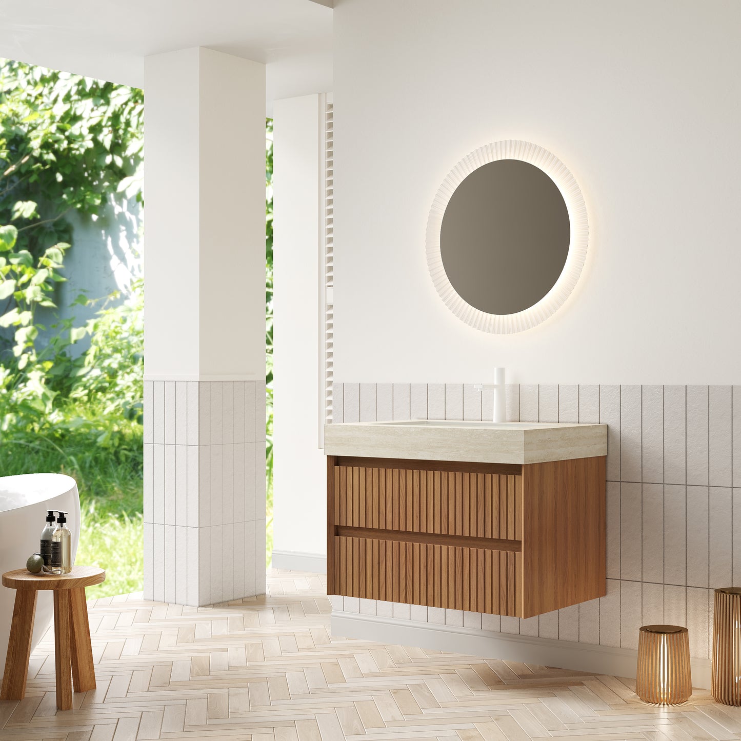 TILLEY 30" Bathroom Vanity&Sink, Floating Striped Plywood Storage Cabinet with 2 Drawers,Travertine-Pattern Sintered Stone Top