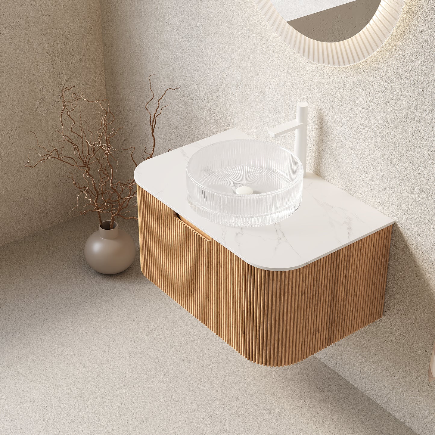 DINA Bathroom Vanity&Sinks, Floating Curved Edges Striped Storage Cabinet, Natural Woodgrain