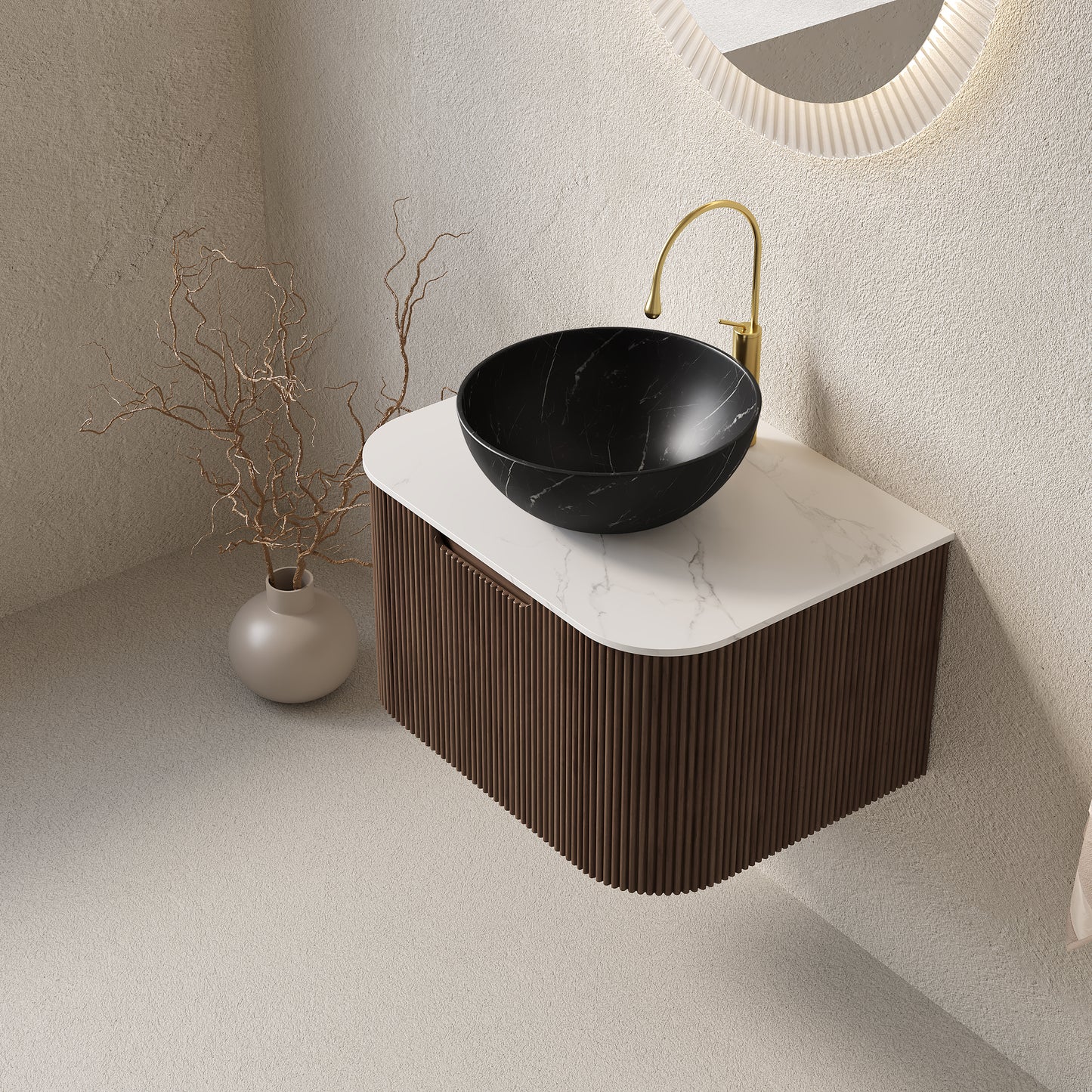 DINA 24" Bathroom Vanity&Sink, Floating Curved Edges Striped Storage Cabinet with Drawer, Stone Black Round Ceramic Basin&Carrara White Sintered Stone Top, Pre-assembled, Dark Walnut Woodgrain Color