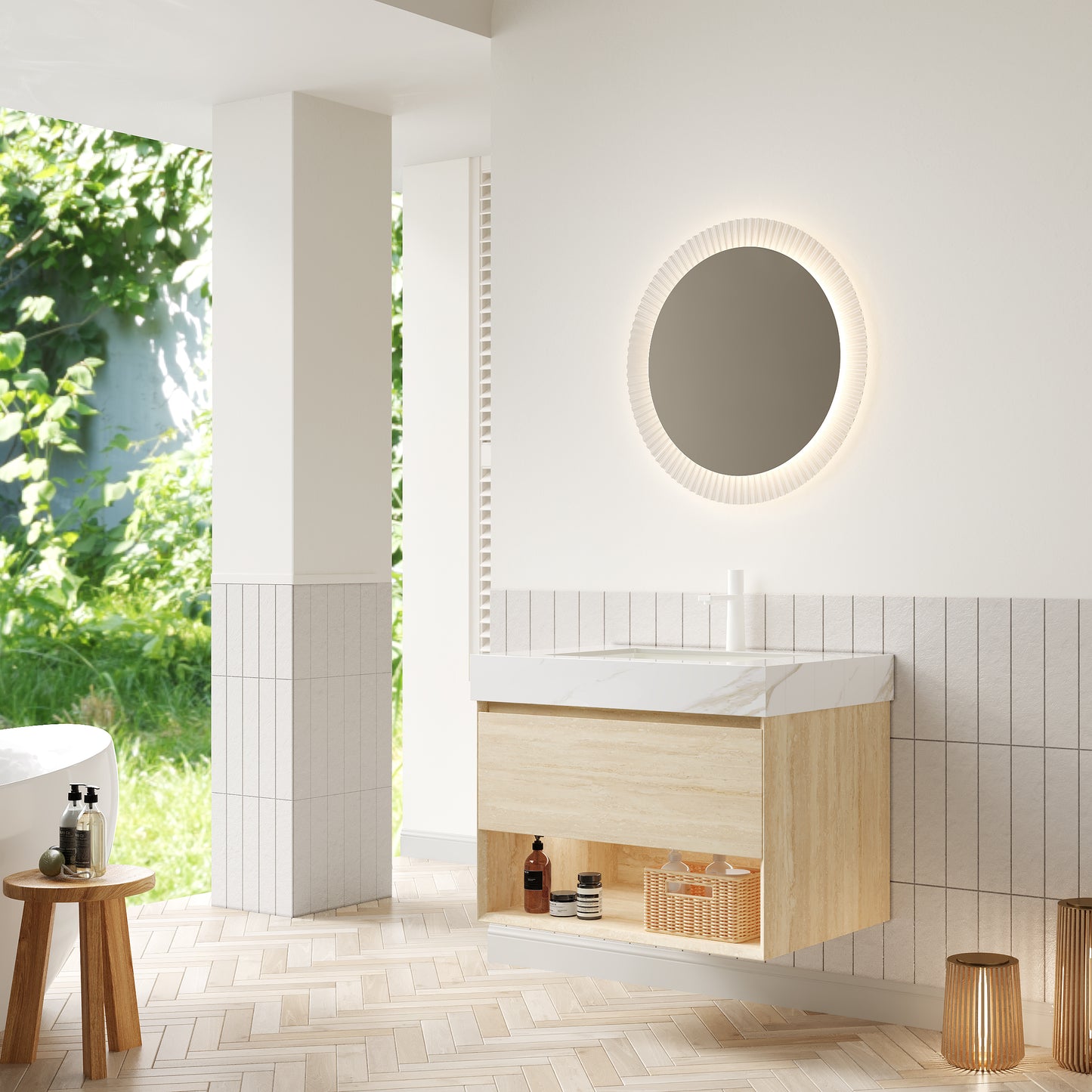 FRIGGA 30" Badezimmer-Waschtisch und Waschbecken, schwebender Sperrholz-Aufbewahrungsschrank, Schublade und Regal mit Sensorlicht