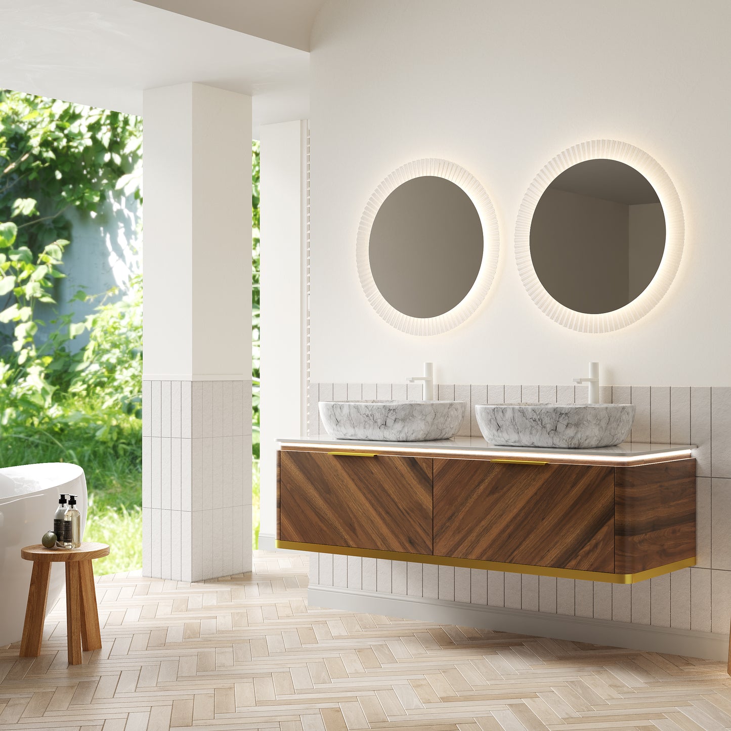 DIPA 60" Badezimmer-Waschtisch und Waschbecken, schwebender Sperrholz-Aufbewahrungsschrank, dunkle Walnussholzmaserung, gesinterte Steinplatte