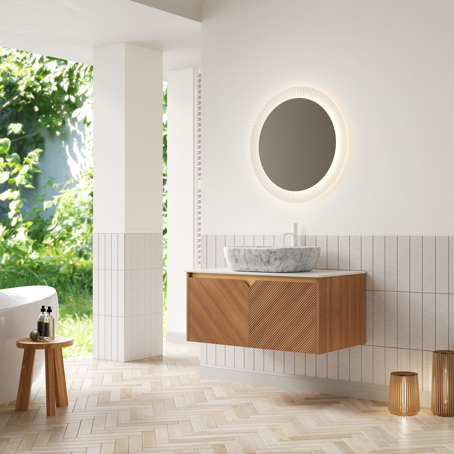 RUBEN 48" Badezimmer-Waschtisch und Waschbecken, schwebender Sperrholz-Aufbewahrungsschrank, Keramik-Waschbecken mit Marmormuster