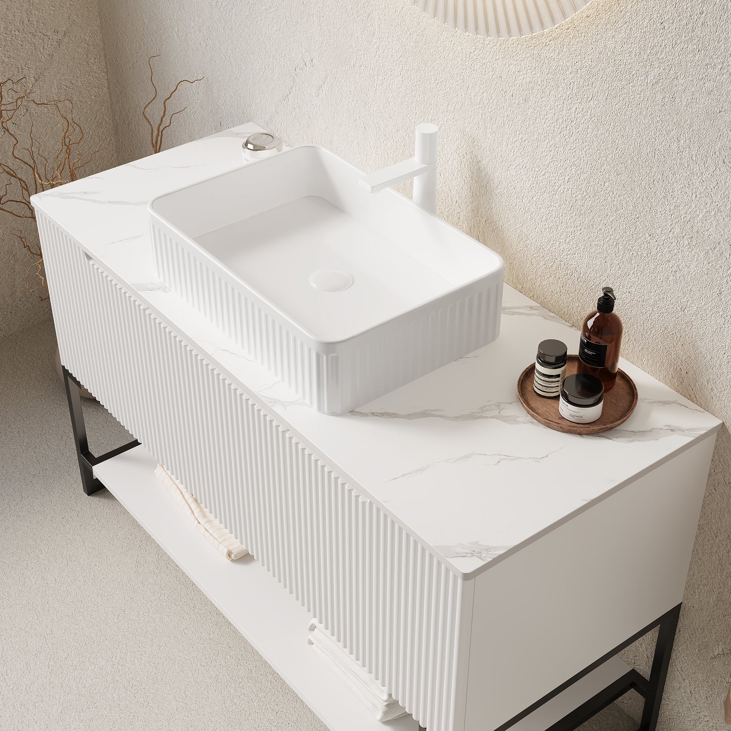 TULIO 48'' Bathroom Vanity&Sink, Freestanding Storage Cabinet with 3 Doors&Open Shelf