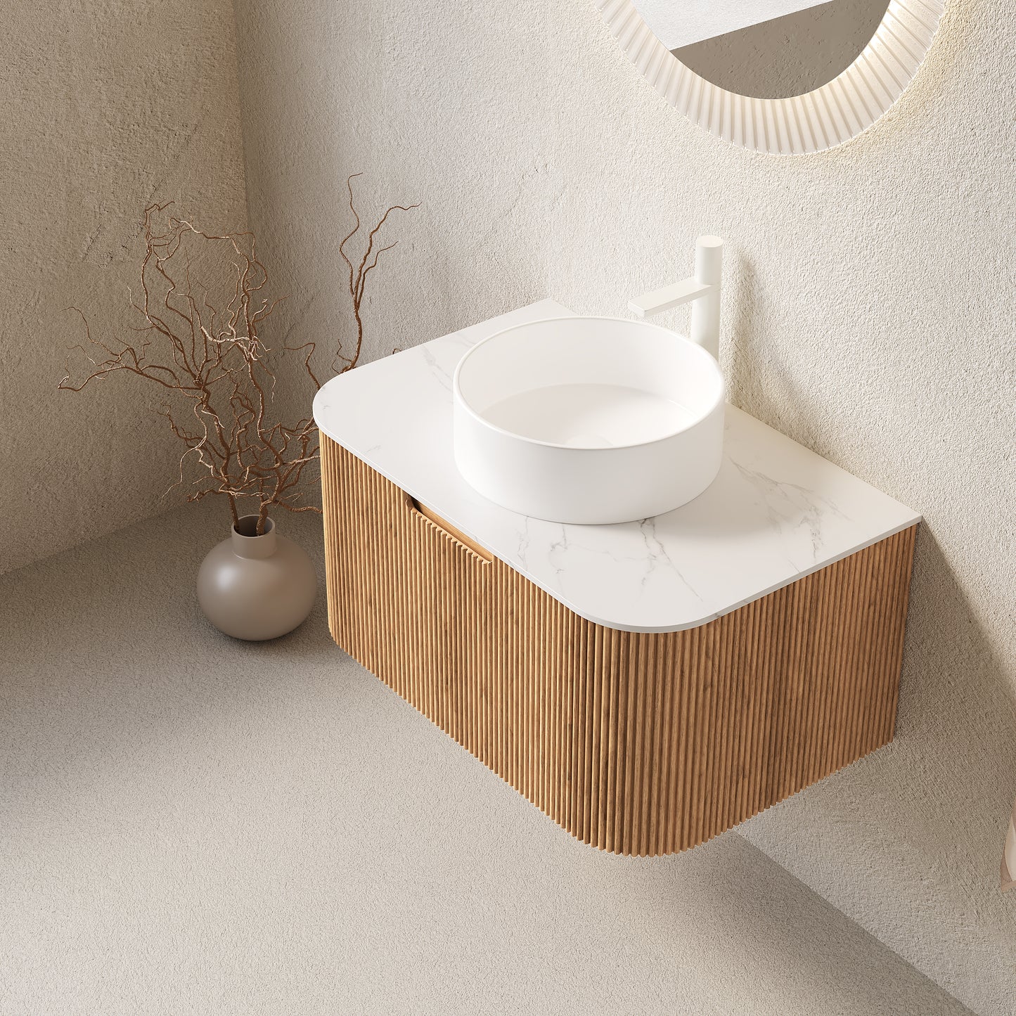DINA Bathroom Vanity&Sinks, Floating Curved Edges Striped Storage Cabinet, Natural Woodgrain