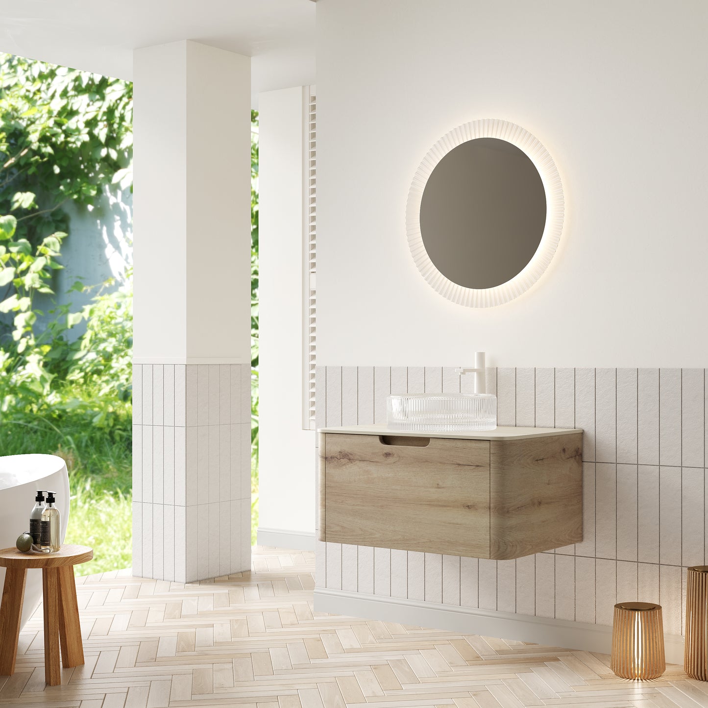 XAI 36" Bathroom Vanity with Sink, Floating Plywood Storage Cabinet with Drawer, Transparent Round Glass Basin