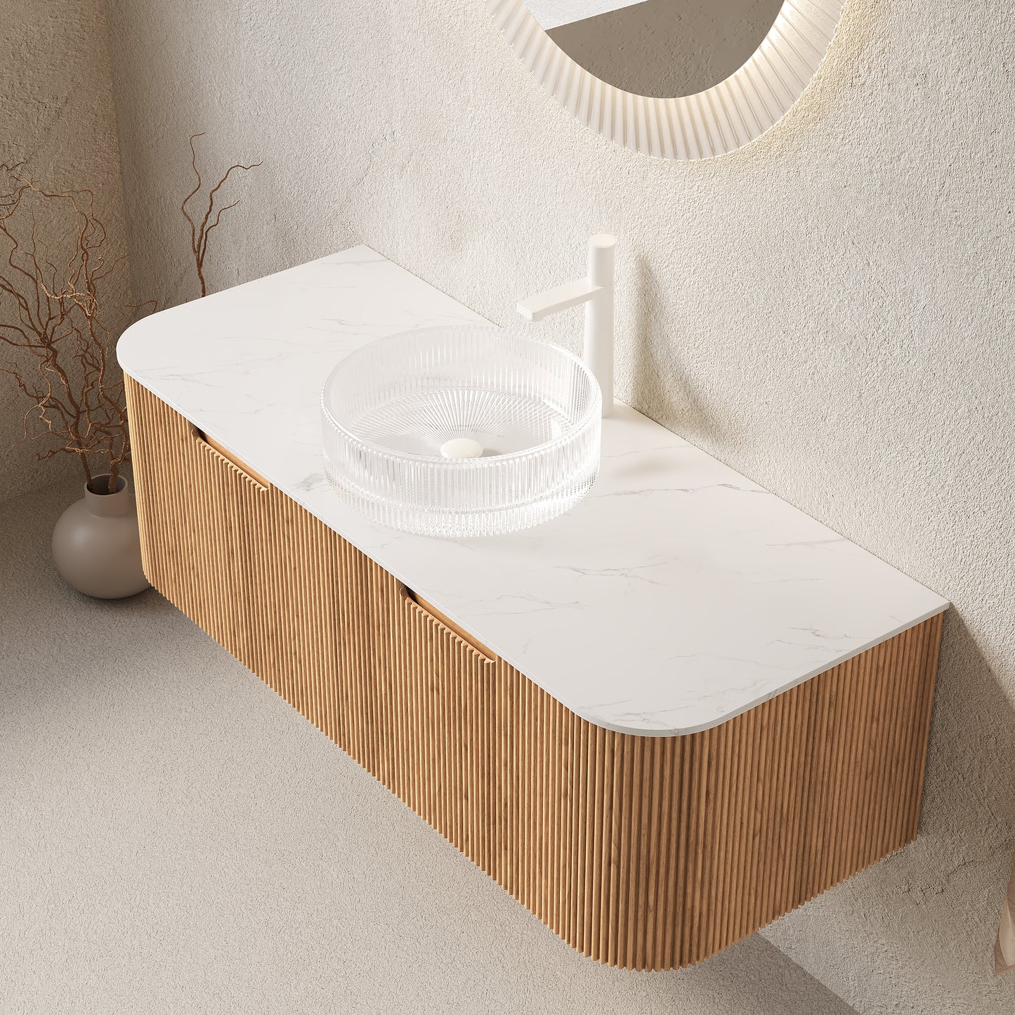 DINA Bathroom Vanity&Sinks, Floating Curved Edges Striped Storage Cabinet, Natural Woodgrain