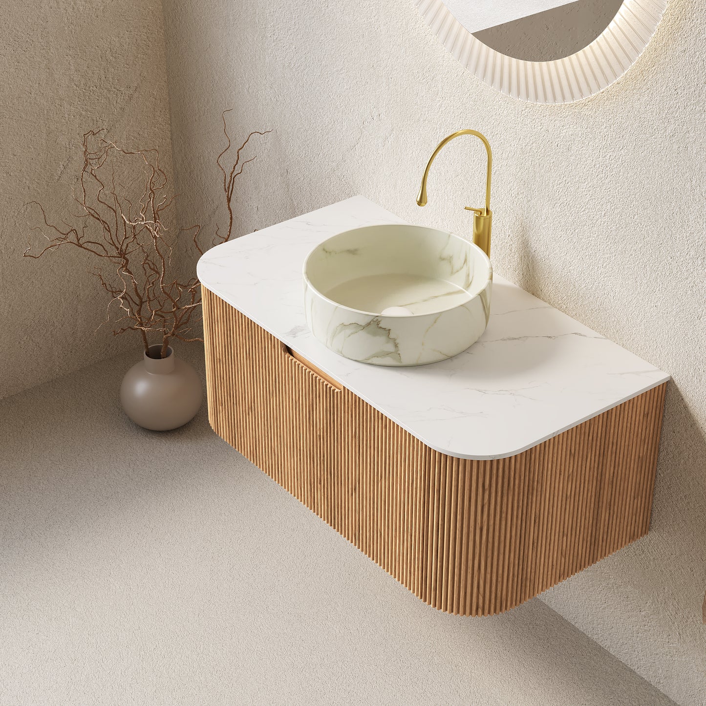 DINA Bathroom Vanity&Sinks, Floating Curved Edges Striped Storage Cabinet, Natural Woodgrain