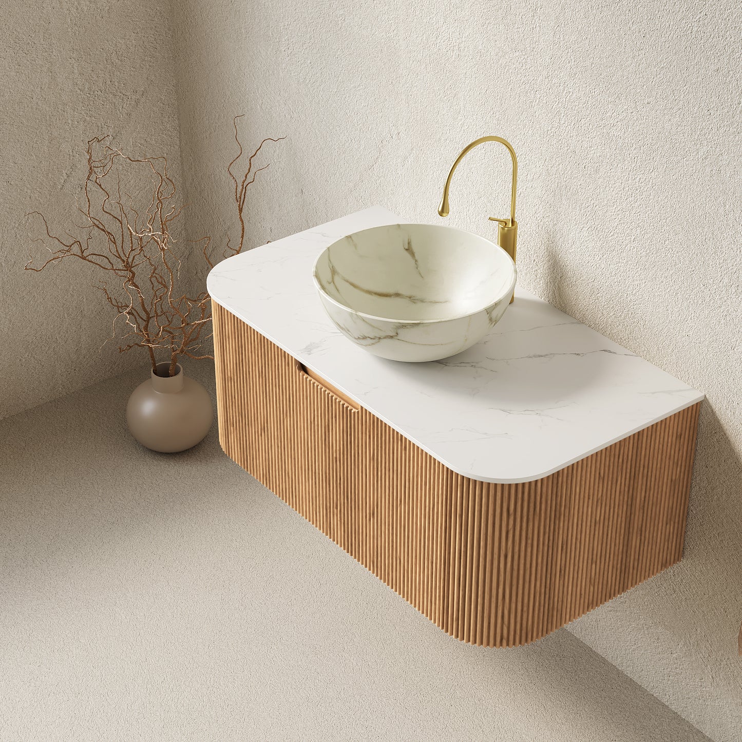 DINA Bathroom Vanity&Sinks, Floating Curved Edges Striped Storage Cabinet, Natural Woodgrain