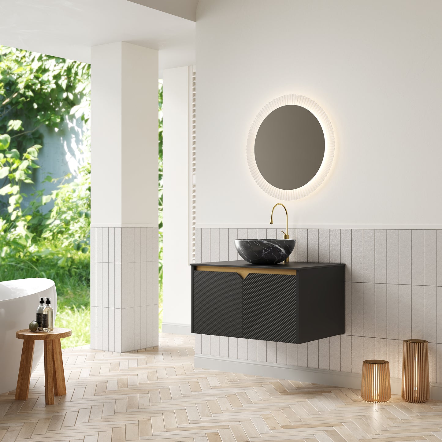 RUBEN 48" Bathroom Vanity&Sink, Wall-Mounted Floating Plywood Storage Cabinet, Black,Black Bowl Ceramic Vessel Basin