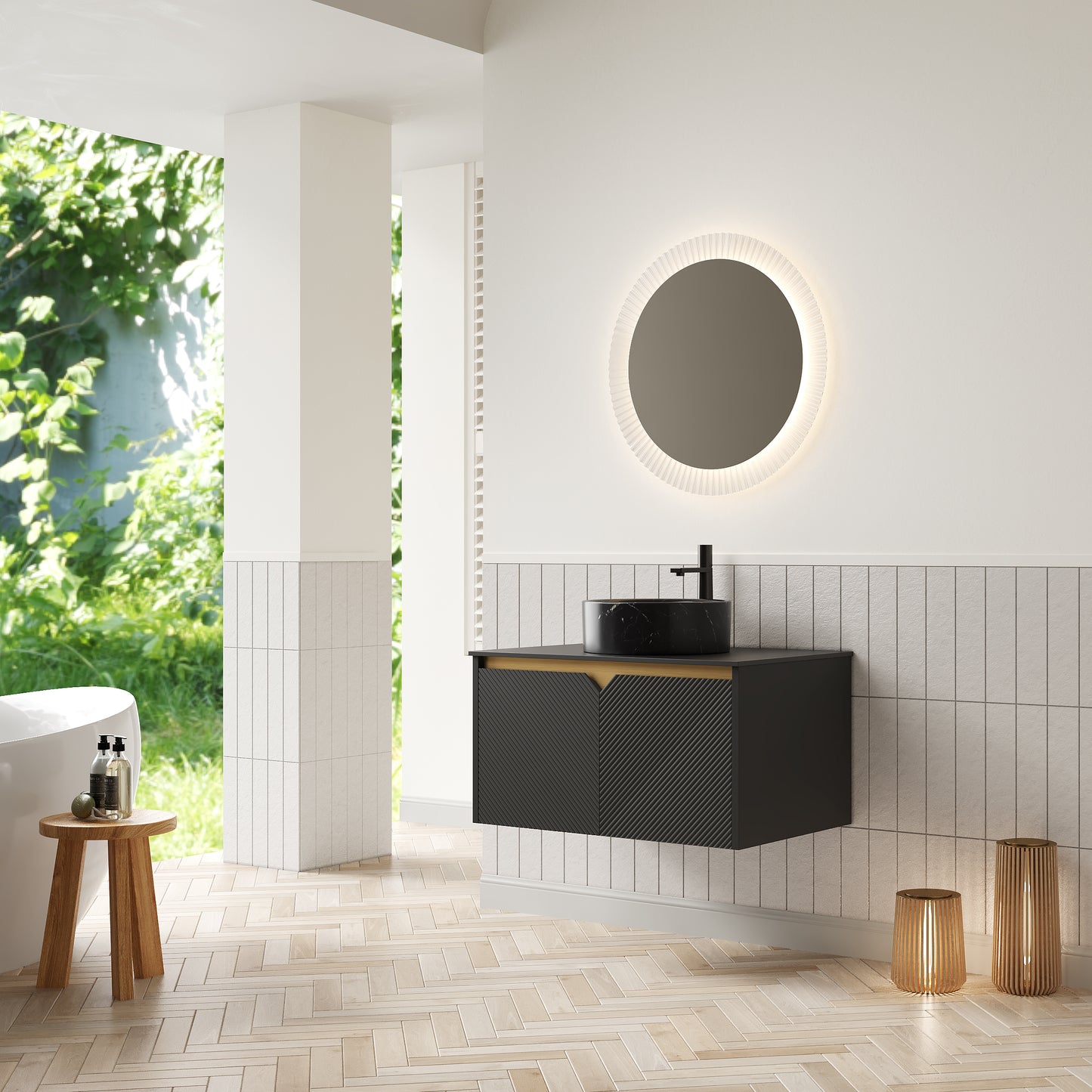 RUBEN 30" Bathroom Vanity&Sink, Wall-Mounted Floating Plywood Storage Cabinet, Black, Black Round Ceramic Vessel Basin