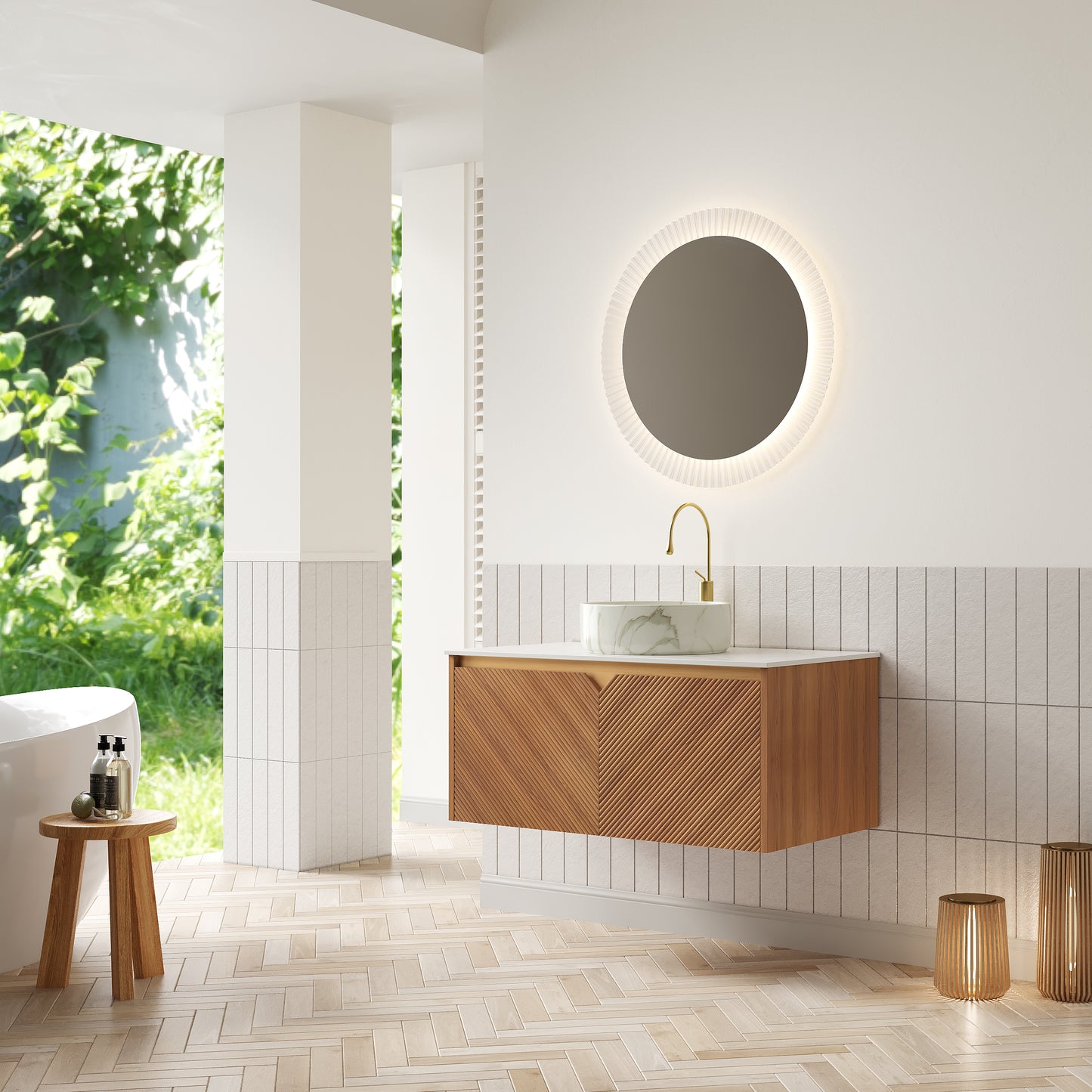 RUBEN 48" Bathroom Vanity&Sink, Floating Plywood Storage Cabinet,  Stone Pattern White Round Ceramic Vessel Basin
