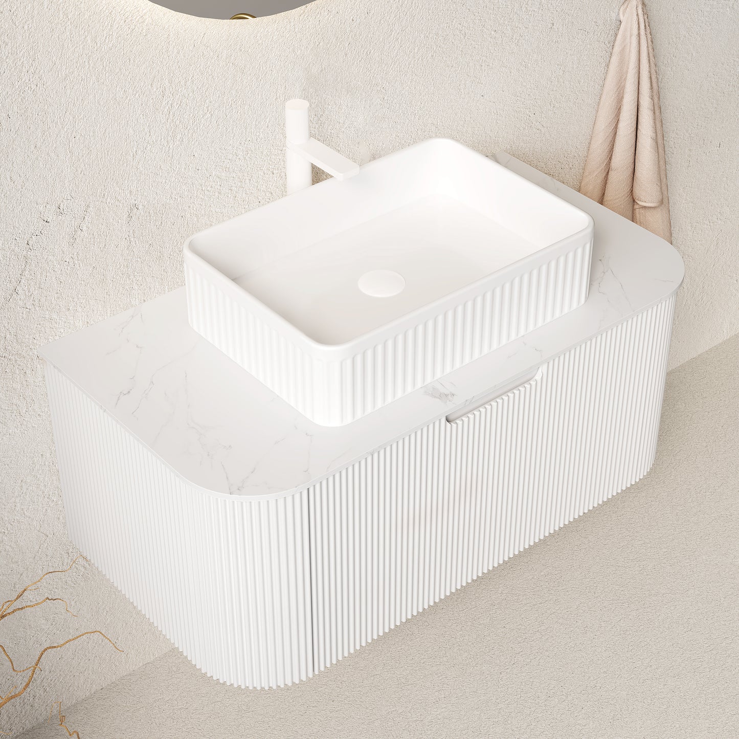 DINA Bathroom Vanity&Sink, Floating Curved Edges Striped Plywood Storage Bathroom Cabinet,White