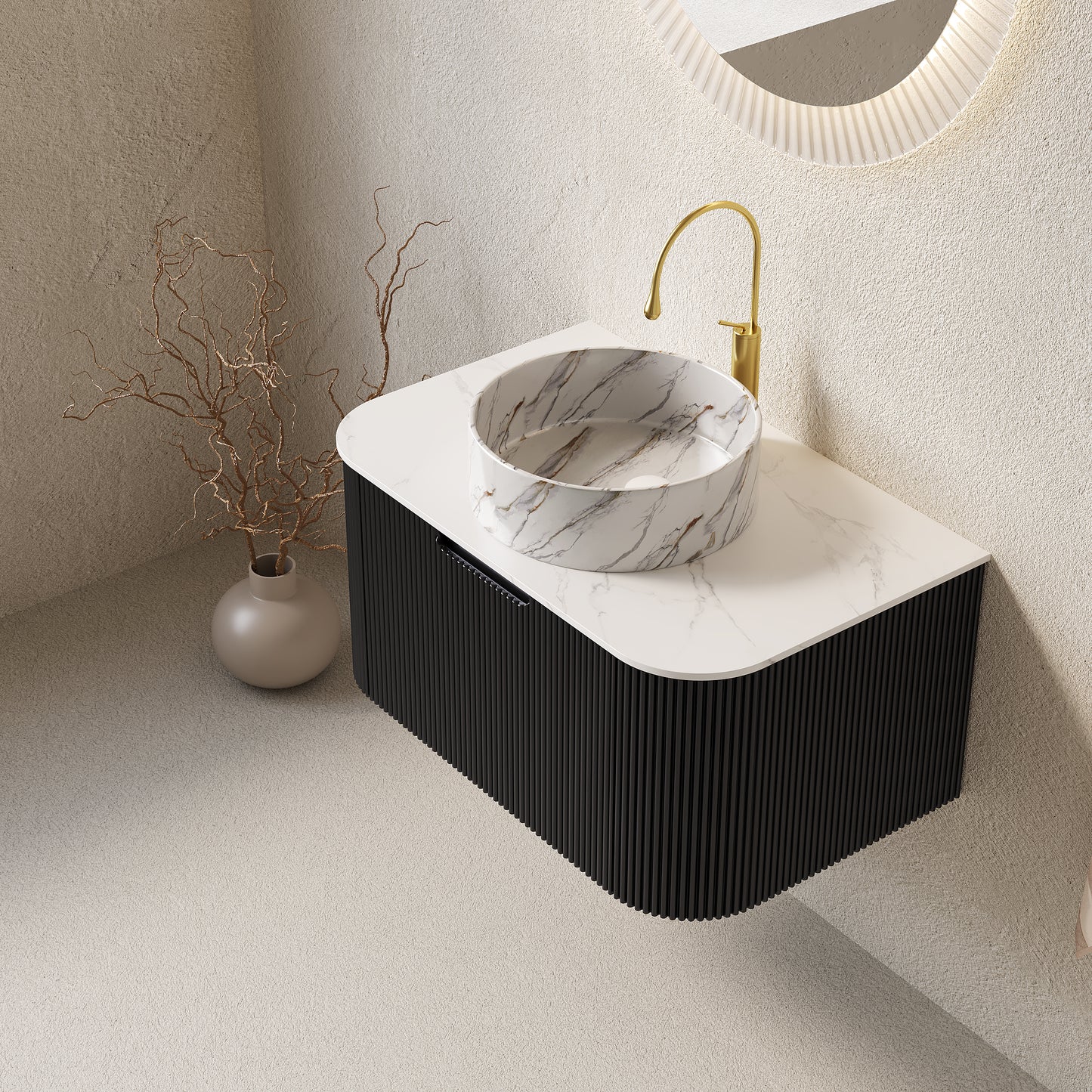 DINA Bathroom Vanity with Sink, Wall-Mounted Curved Edges Striped Storage Cabinet Black Color