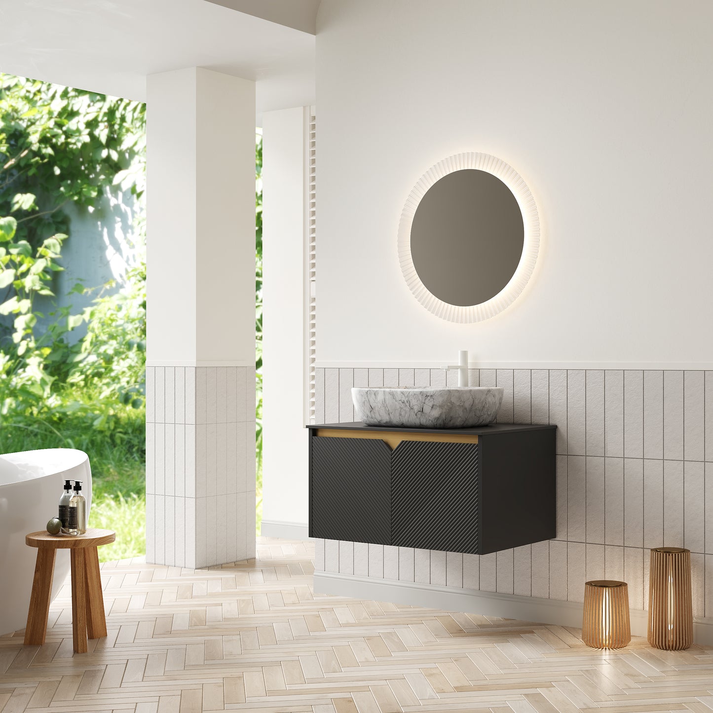 RUBEN 48" Bathroom Vanity&Sink, Wall-Mounted Floating Plywood Storage Cabinet,Black,Marble Pattern Rectangle Ceramic Vessel Basin