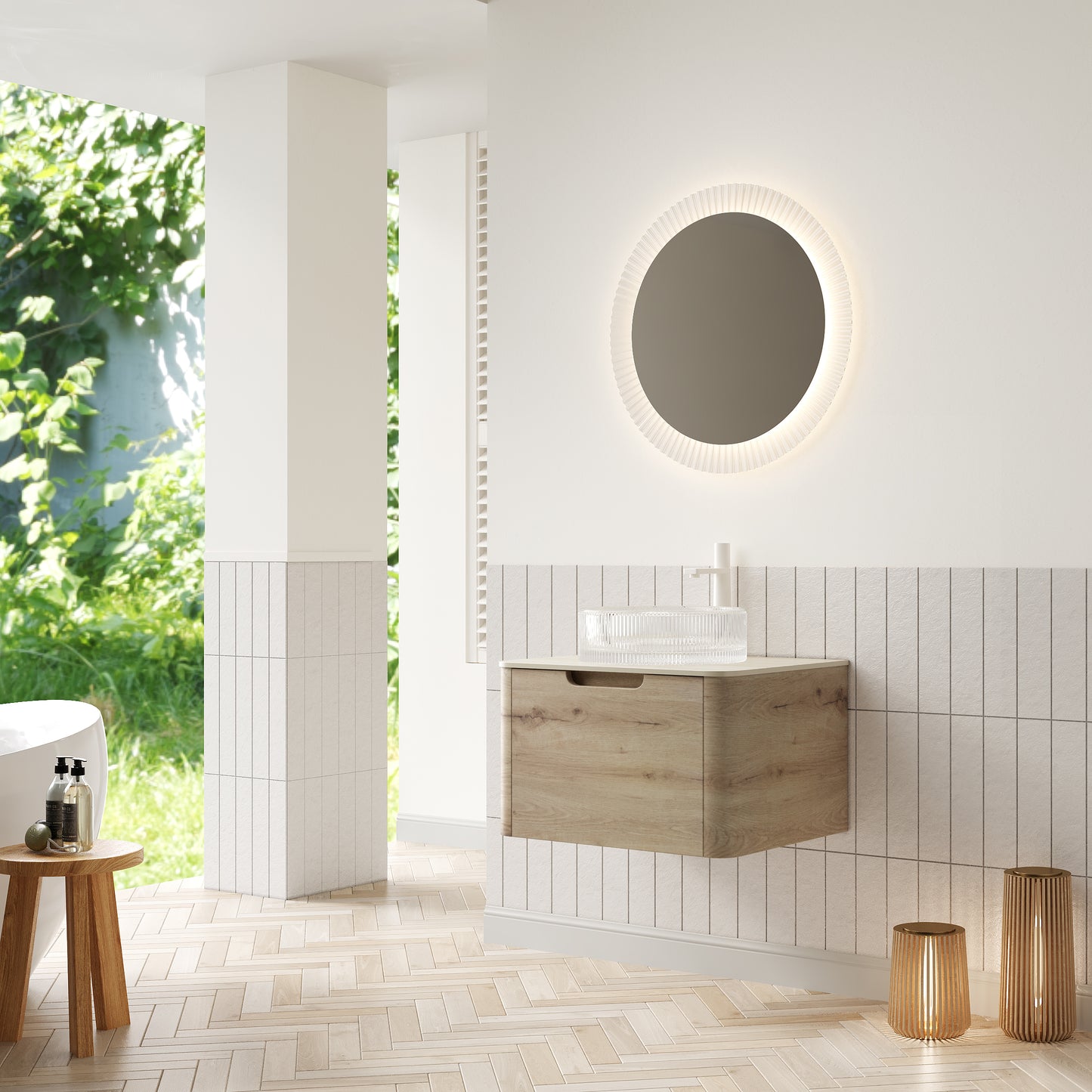 XAI 36" Bathroom Vanity with Sink, Floating Plywood Storage Cabinet with Drawer, Transparent Round Glass Basin