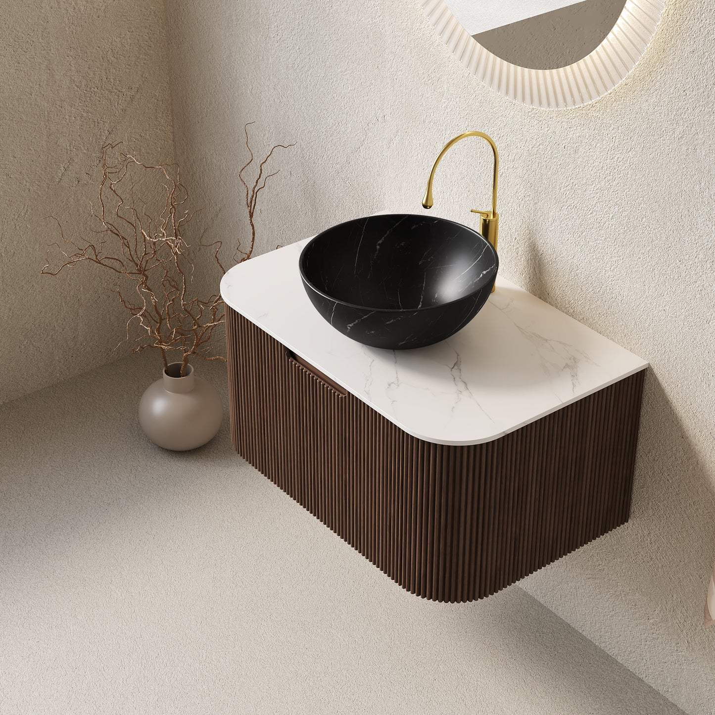 DINA 24" Bathroom Vanity&Sink, Floating Curved Edges Striped Storage Cabinet with Drawer, Stone Black Round Ceramic Basin&Carrara White Sintered Stone Top, Pre-assembled, Dark Walnut Woodgrain Color