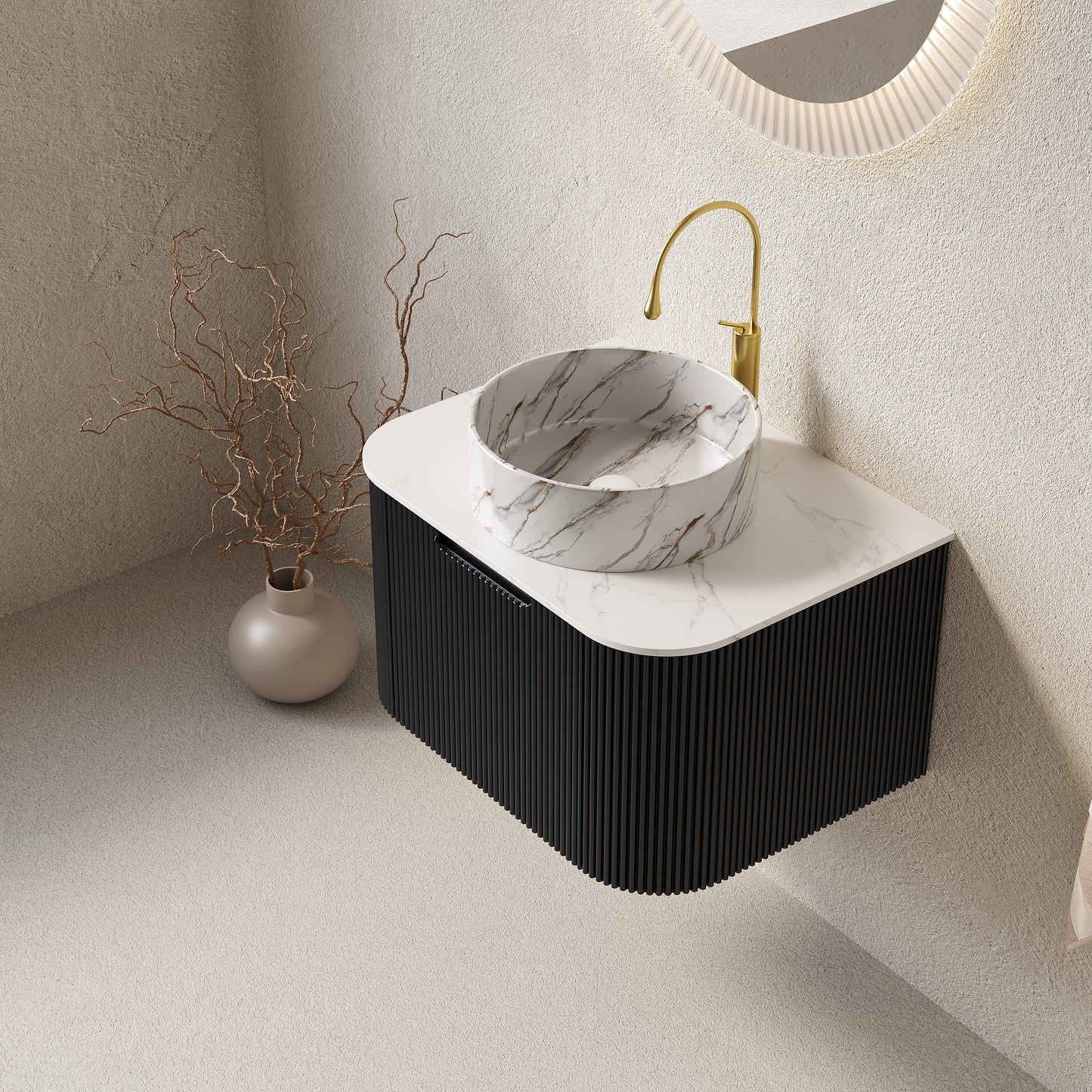 DINA Bathroom Vanity with Sink, Wall-Mounted Curved Edges Striped Storage Cabinet Black Color