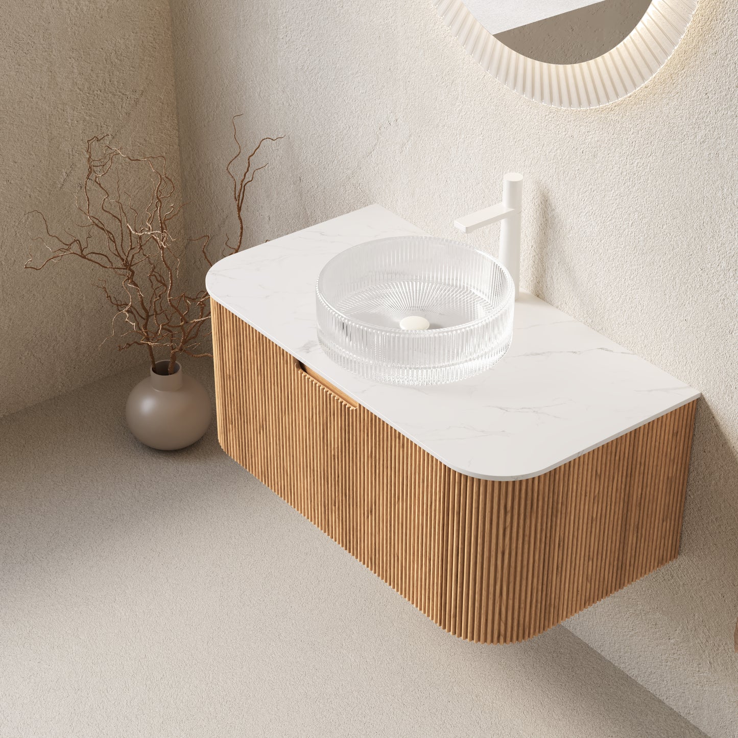 DINA Bathroom Vanity&Sinks, Floating Curved Edges Striped Storage Cabinet, Natural Woodgrain