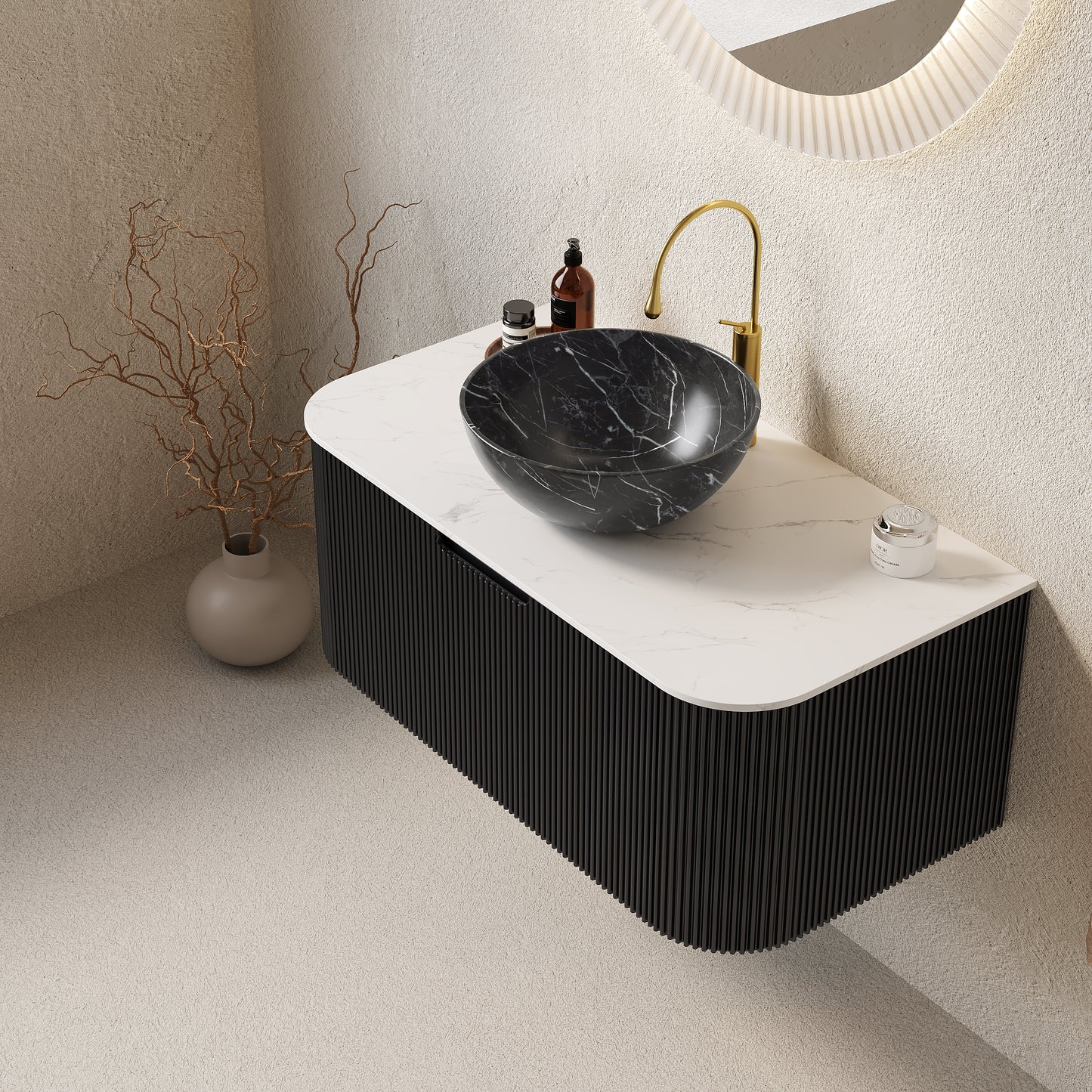 DINA Bathroom Vanity with Sink, Wall-Mounted Curved Edges Striped Storage Cabinet Black Color