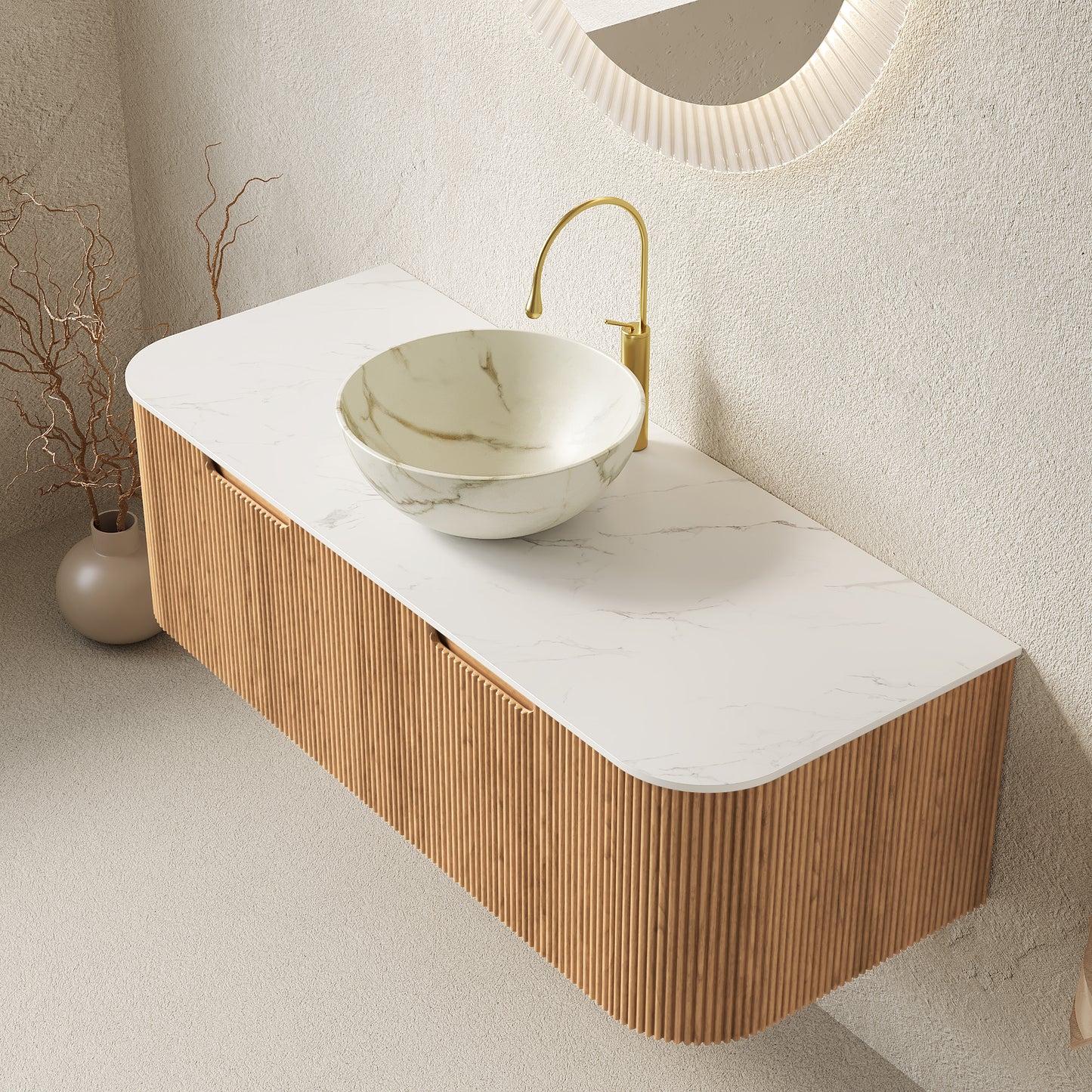 DINA Bathroom Vanity&Sinks, Floating Curved Edges Striped Storage Cabinet, Natural Woodgrain