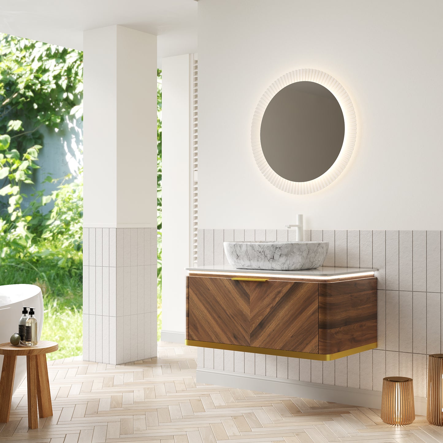 DIPA 60" Badezimmer-Waschtisch und Waschbecken, schwebender Sperrholz-Aufbewahrungsschrank, dunkle Walnussholzmaserung, gesinterte Steinplatte