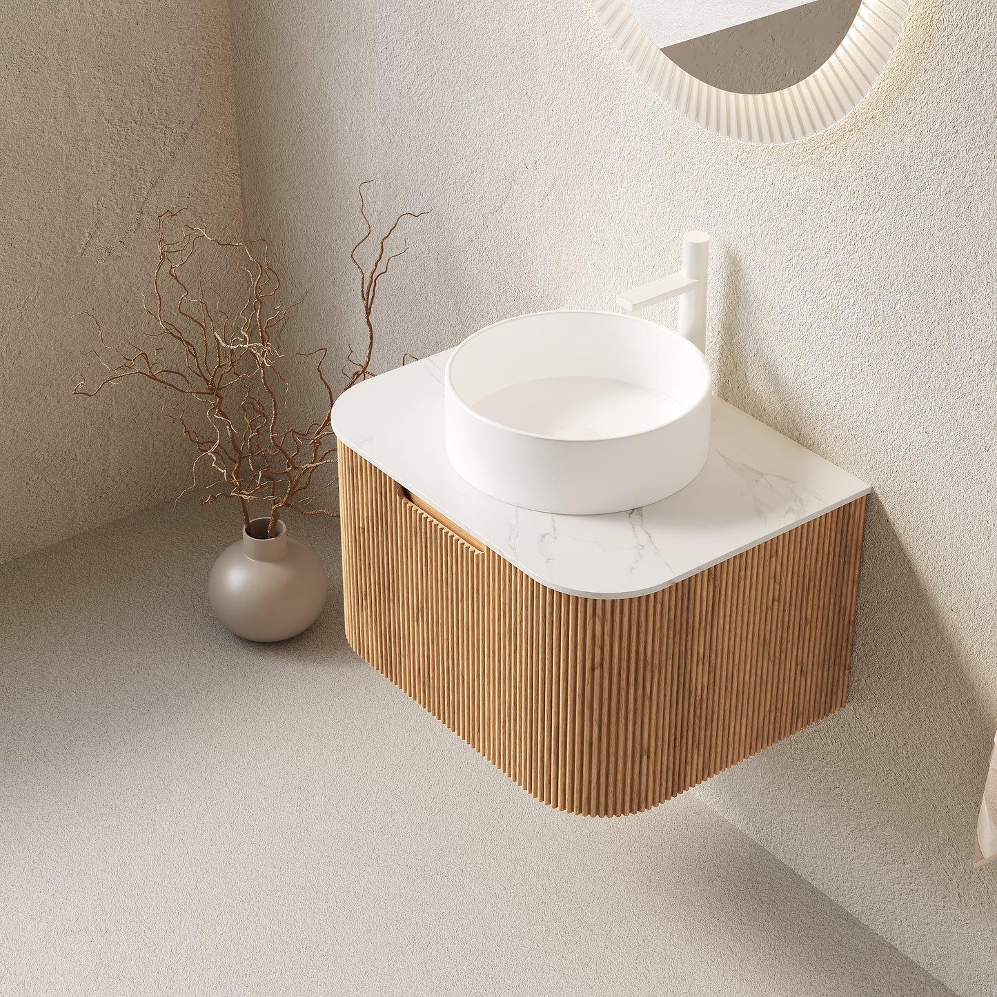 DINA Bathroom Vanity&Sinks, Floating Curved Edges Striped Storage Cabinet, Natural Woodgrain