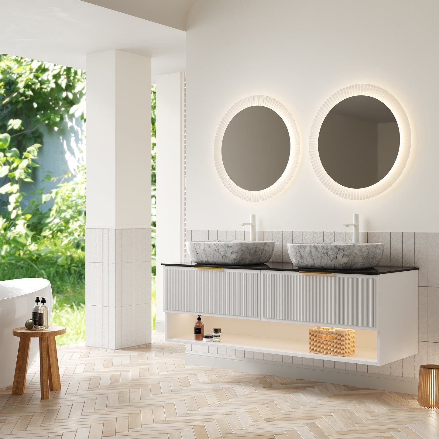 MALONE 48" Badezimmer-Waschtisch mit Waschbecken, schwebender Sperrholz-Aufbewahrungsschrank