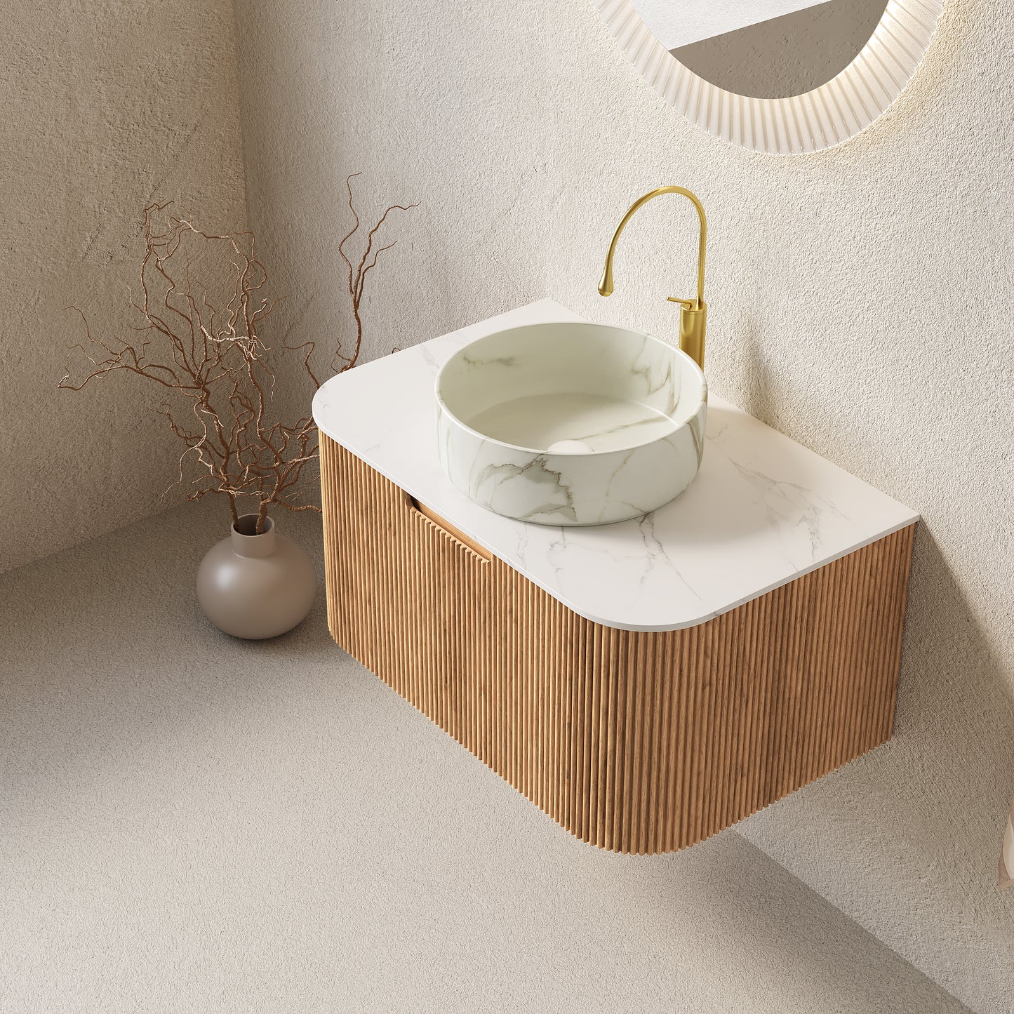 DINA Bathroom Vanity&Sinks, Floating Curved Edges Striped Storage Cabinet, Natural Woodgrain