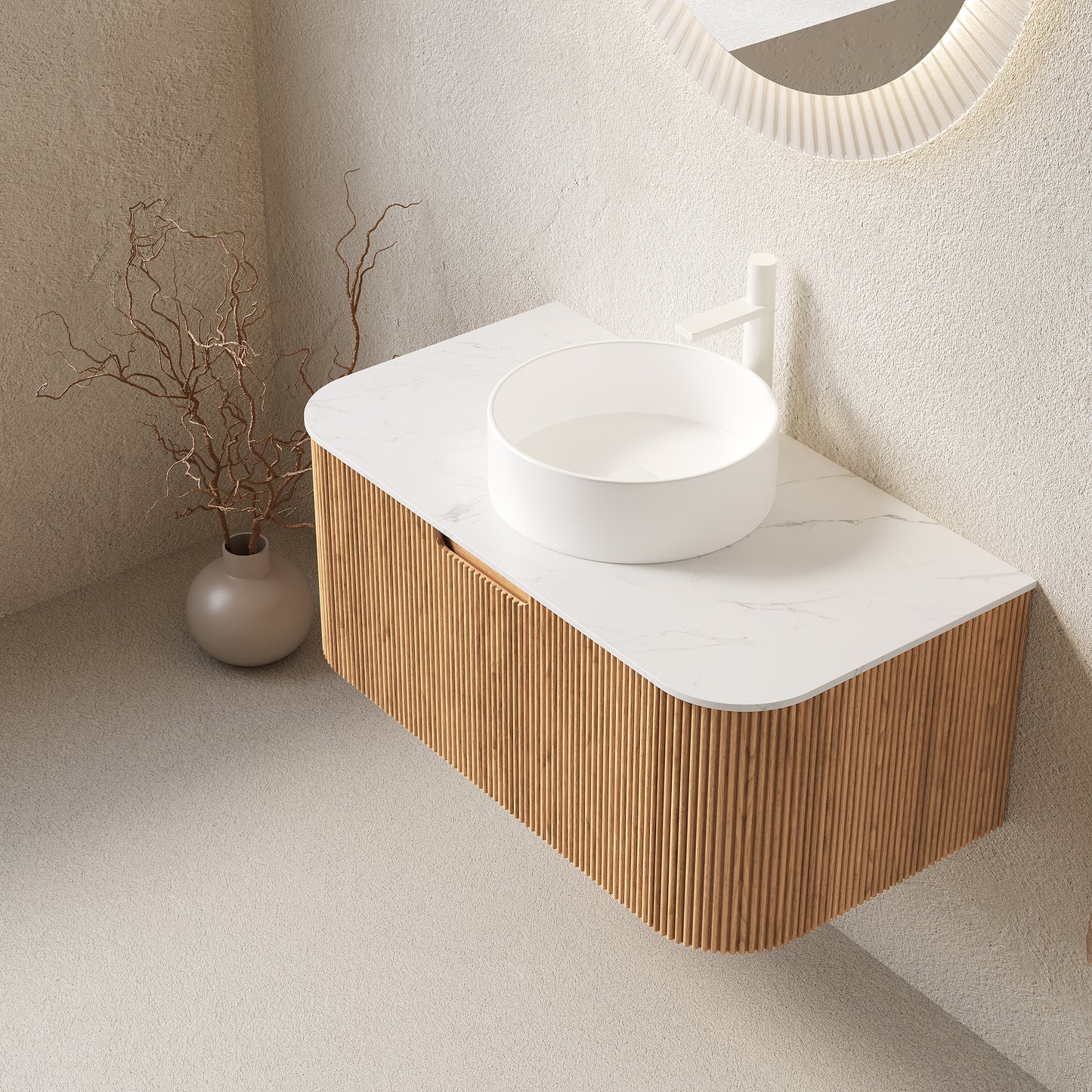 DINA Bathroom Vanity&Sinks, Floating Curved Edges Striped Storage Cabinet, Natural Woodgrain