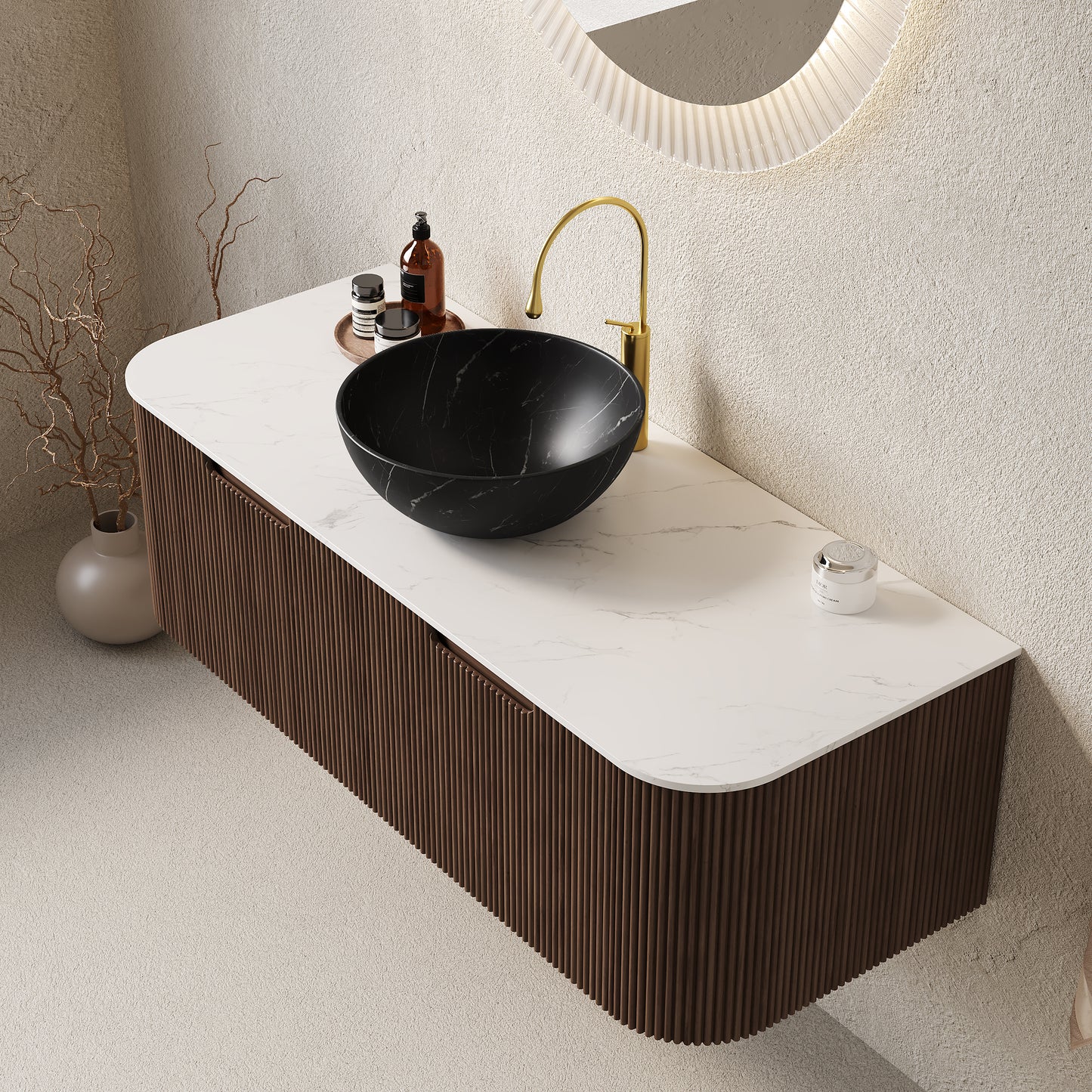 DINA 24" Bathroom Vanity&Sink, Floating Curved Edges Striped Storage Cabinet with Drawer, Stone Black Round Ceramic Basin&Carrara White Sintered Stone Top, Pre-assembled, Dark Walnut Woodgrain Color
