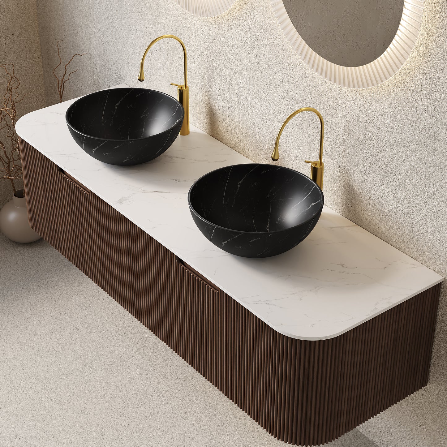 DINA 24" Bathroom Vanity&Sink, Floating Curved Edges Striped Storage Cabinet with Drawer, Stone Black Round Ceramic Basin&Carrara White Sintered Stone Top, Pre-assembled, Dark Walnut Woodgrain Color
