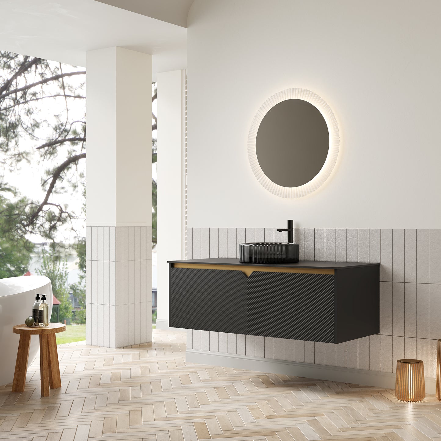 RUBEN 48" Bathroom Vanity with Sink, Wall-Mounted Floating Plywood Storage Cabinet, Black , Transparent Black Round Glass Basin