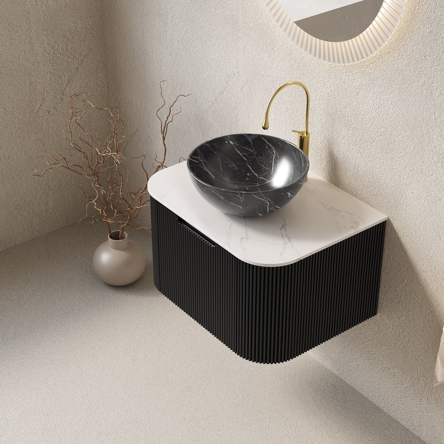 DINA Bathroom Vanity with Sink, Wall-Mounted Curved Edges Striped Storage Cabinet Black Color