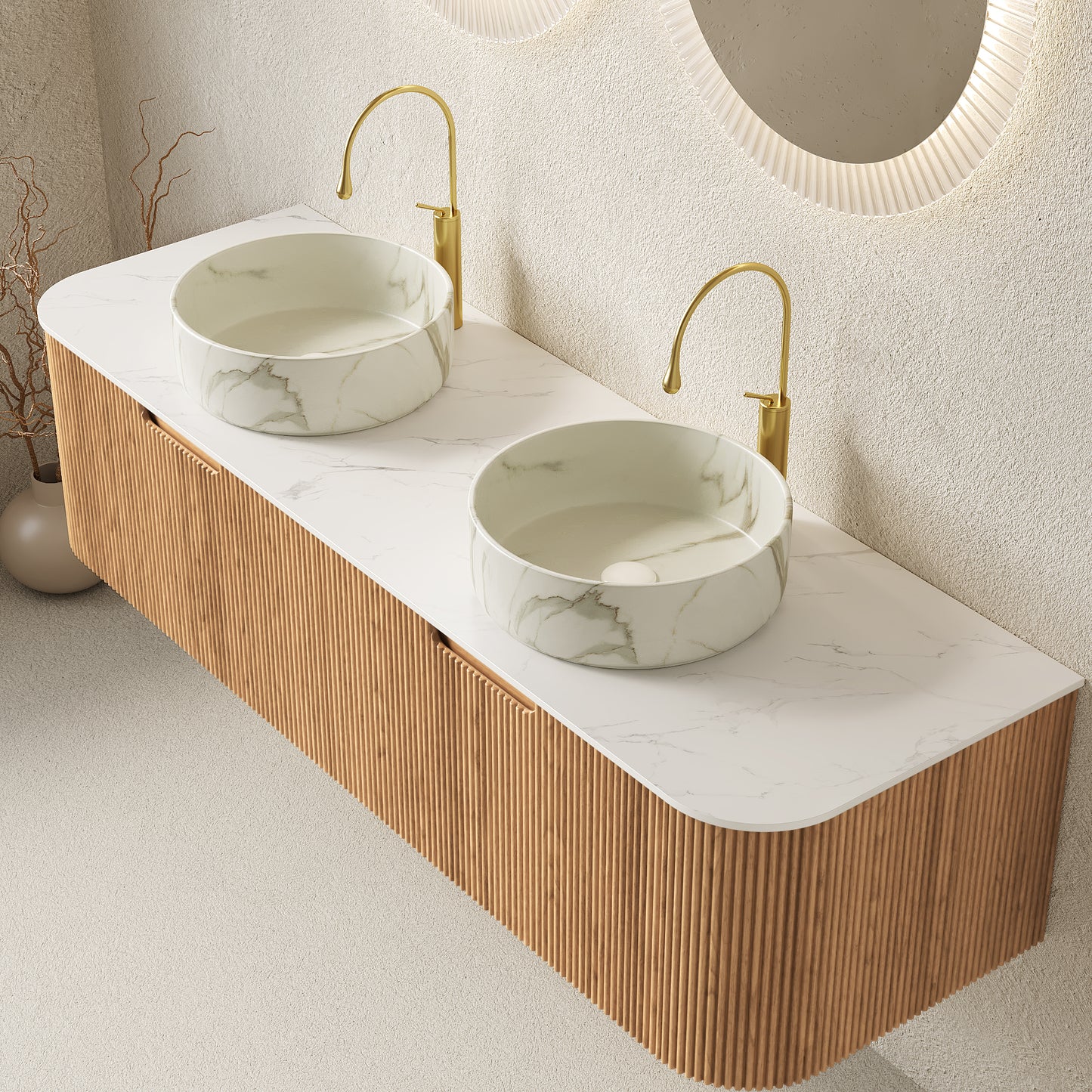 DINA Bathroom Vanity&Sinks, Floating Curved Edges Striped Storage Cabinet, Natural Woodgrain