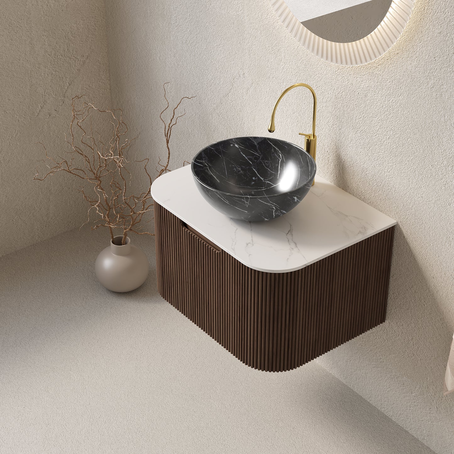 DINA Bathroom Vanity with Sink, Wall-Mounted Curved Edges Striped Bathroom Storage Cabinet Walnut Woodgrain Color