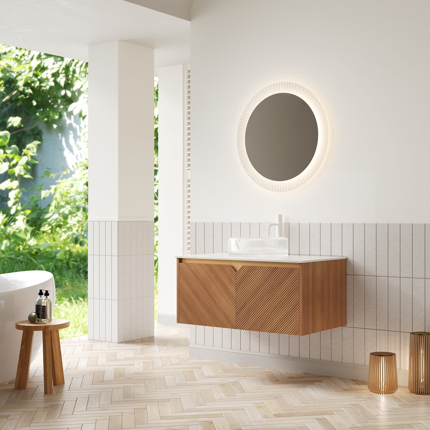 RUBEN 48" Bathroom Vanity&Sink, Floating Plywood Storage Cabinet,transparent Round Glass