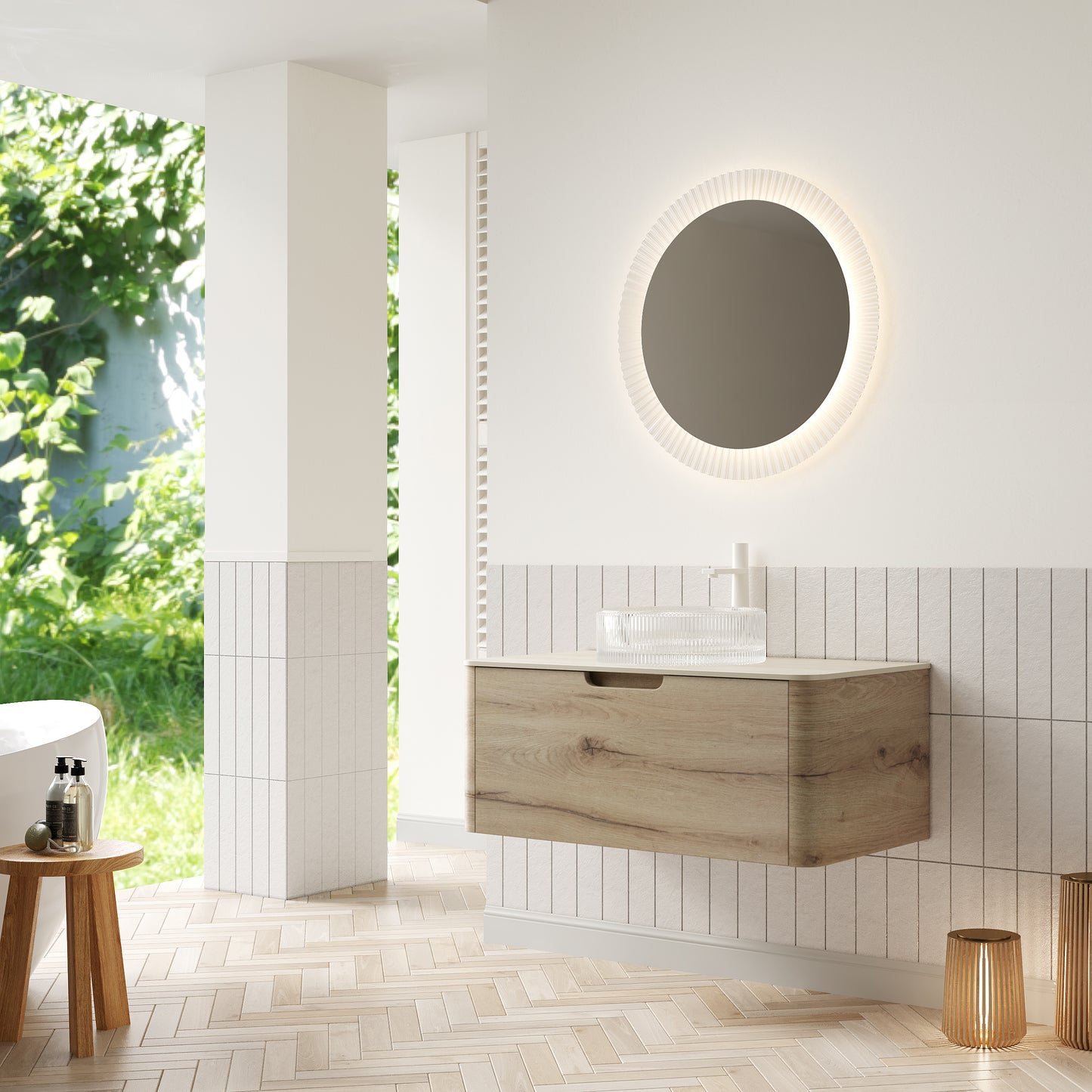 XAI 36" Bathroom Vanity with Sink, Floating Plywood Storage Cabinet with Drawer, Transparent Round Glass Basin