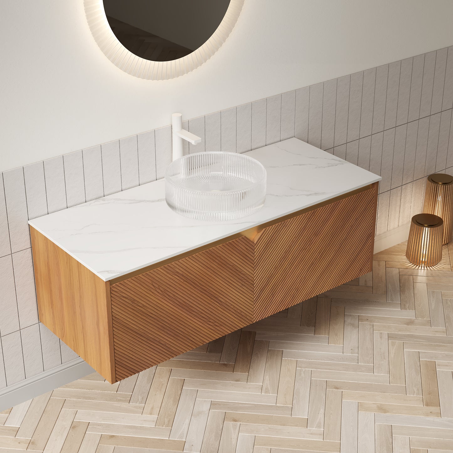 RUBEN 48" Bathroom Vanity&Sink, Floating Plywood Storage Cabinet,transparent Round Glass