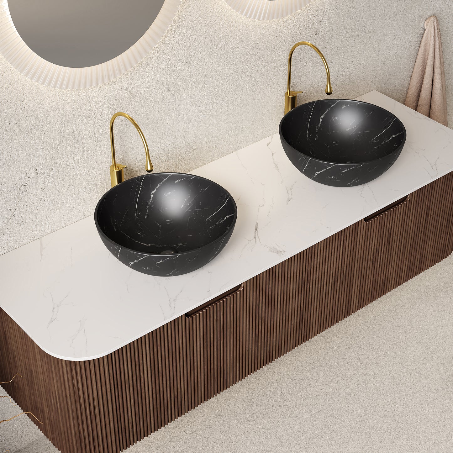 DINA 24" Bathroom Vanity&Sink, Floating Curved Edges Striped Storage Cabinet with Drawer, Stone Black Round Ceramic Basin&Carrara White Sintered Stone Top, Pre-assembled, Dark Walnut Woodgrain Color