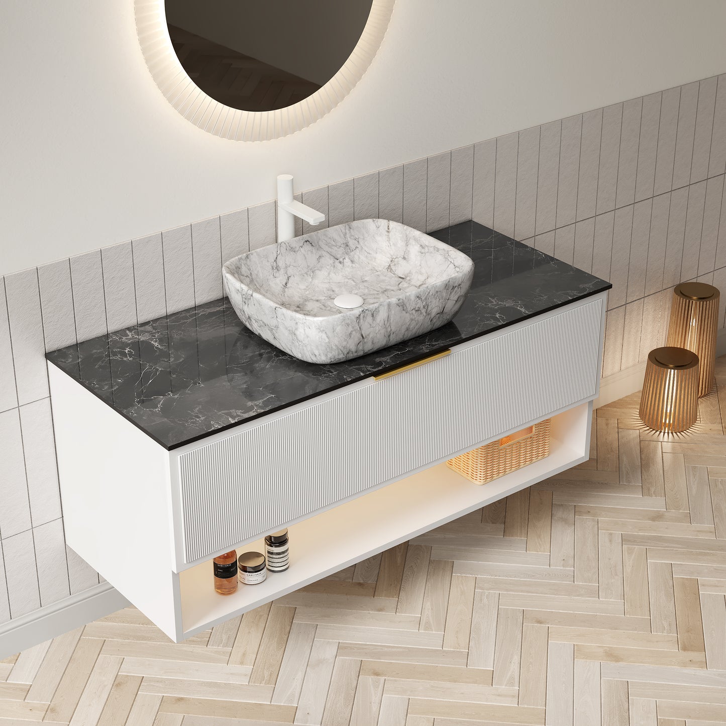 MALONE 48" Badezimmer-Waschtisch mit Waschbecken, schwebender Sperrholz-Aufbewahrungsschrank